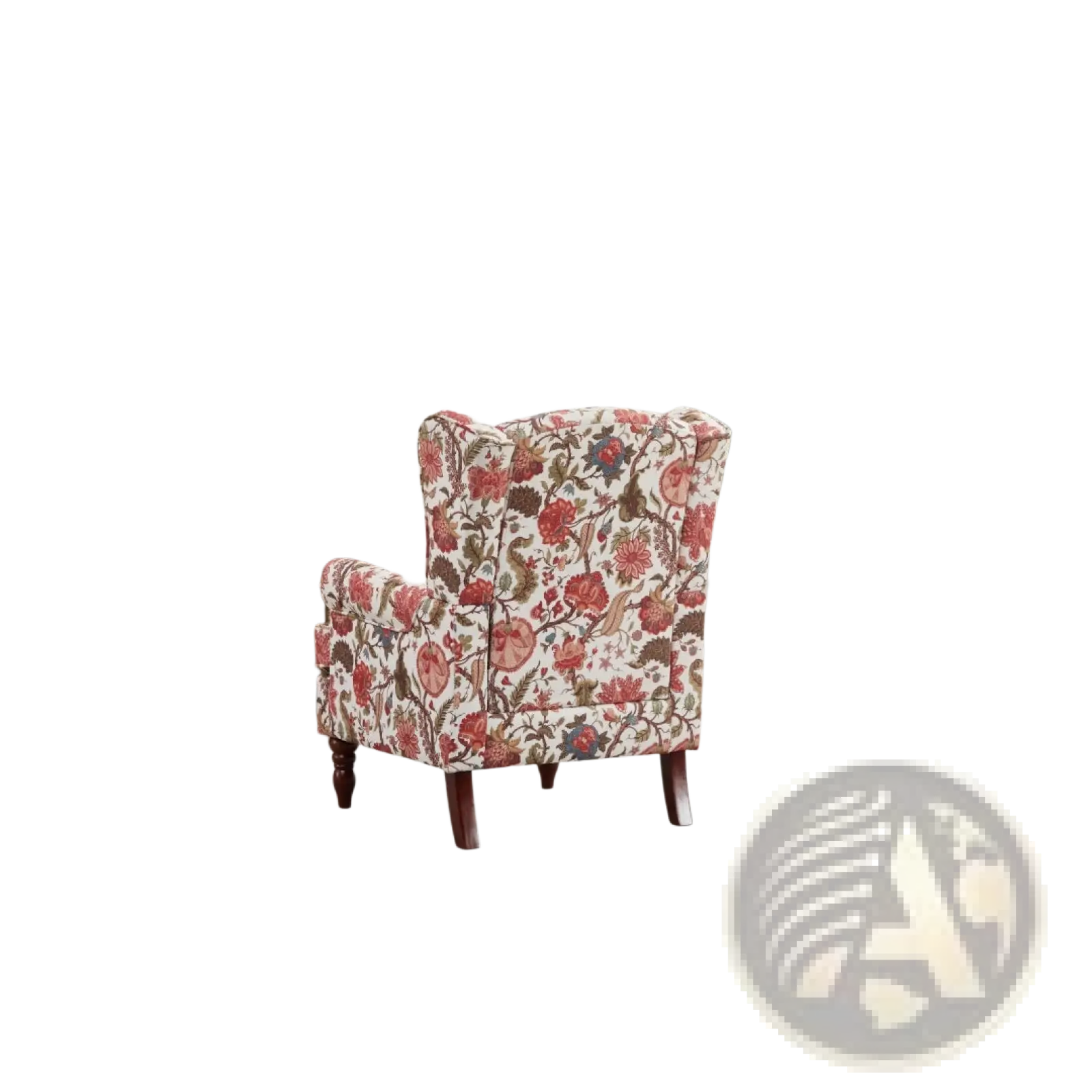 Floral wingback accent chair upholstered in cream fabric with red and brown blossoms featuring retro wood legs