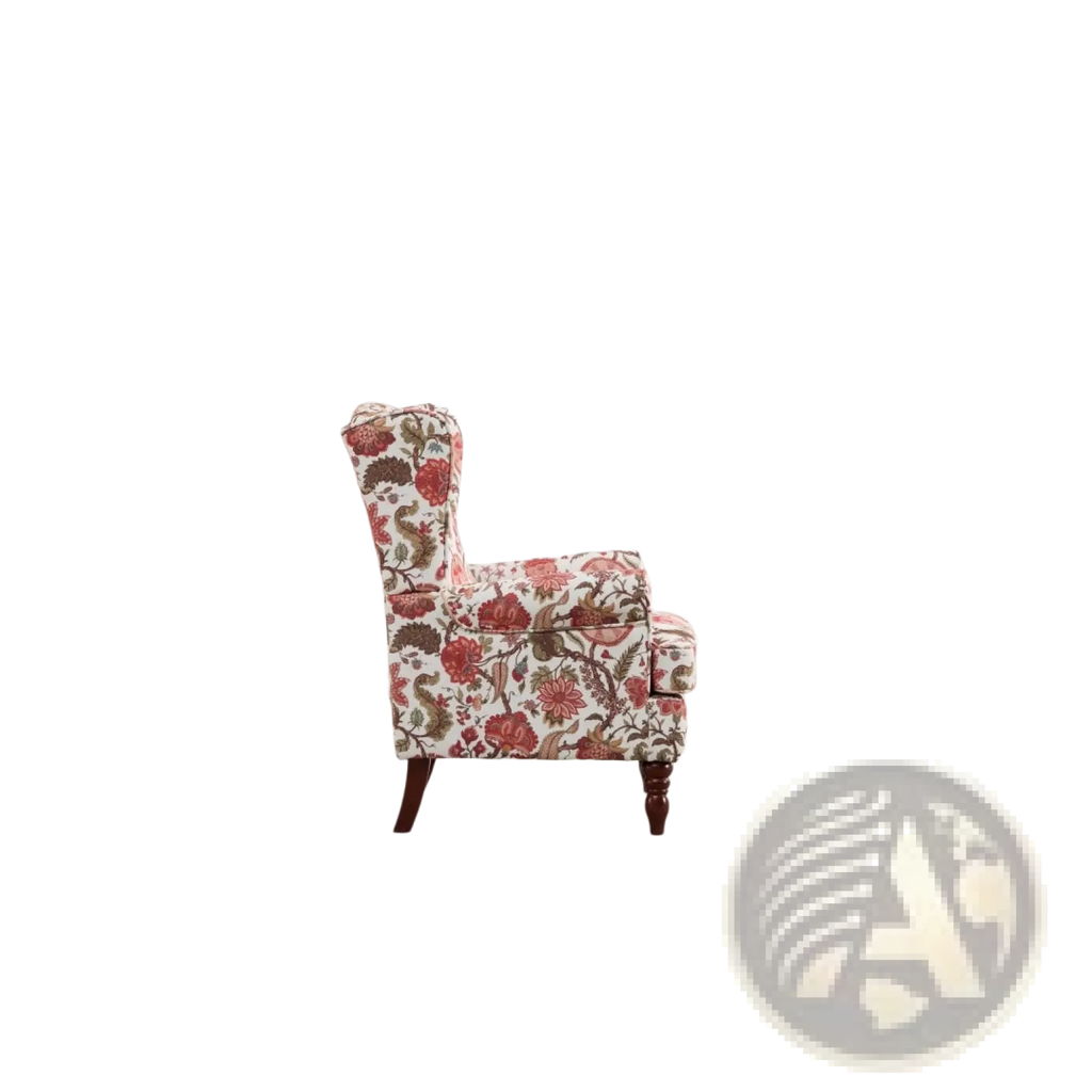 Floral wingback accent chair with vibrant red white and brown fabric and retro wooden legs for stylish seating