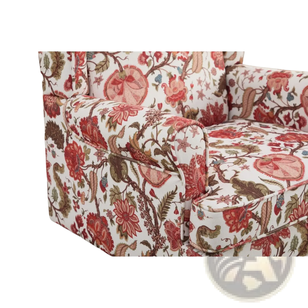 Floral wingback accent chair with plush upholstery in vibrant red pink and brown blossoms on white fabric with wood legs