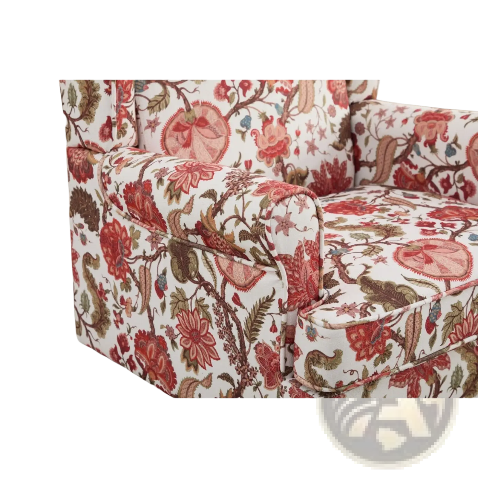 Floral wingback accent chair with plush upholstery in vibrant red pink and brown blossoms on white fabric with wood legs