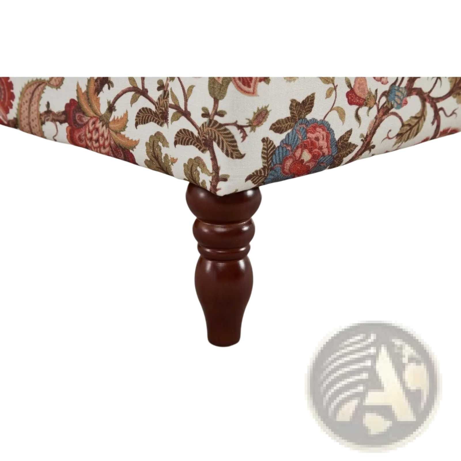Dark brown wooden leg with ornate turned design supporting floral wingback accent chair upholstery