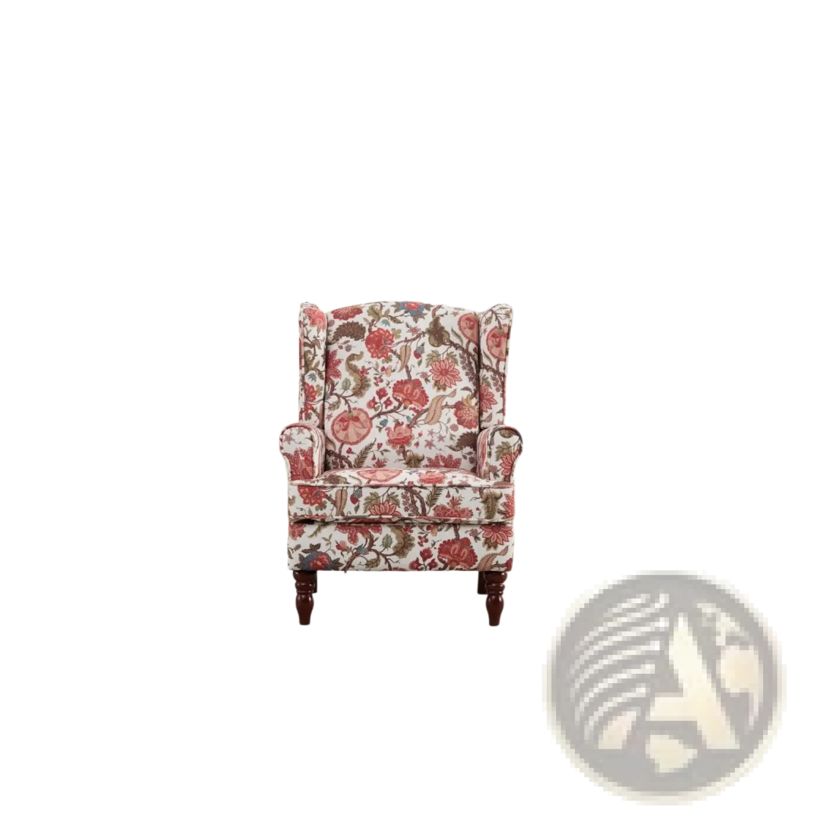 Floral wingback accent chair with retro wood legs upholstered in light fabric featuring vibrant red and pink blossoms