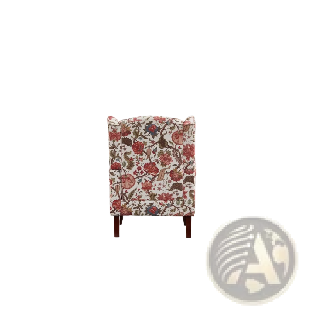 Floral wingback accent chair featuring red pink and green blossoms on cream fabric with retro wood legs