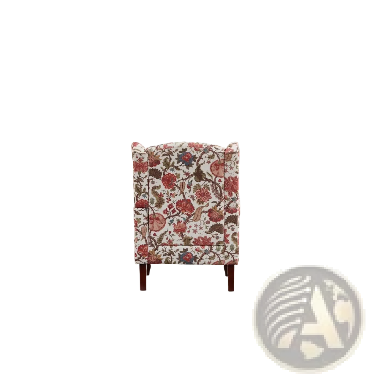 Floral wingback accent chair featuring red pink and green blossoms on cream fabric with retro wood legs