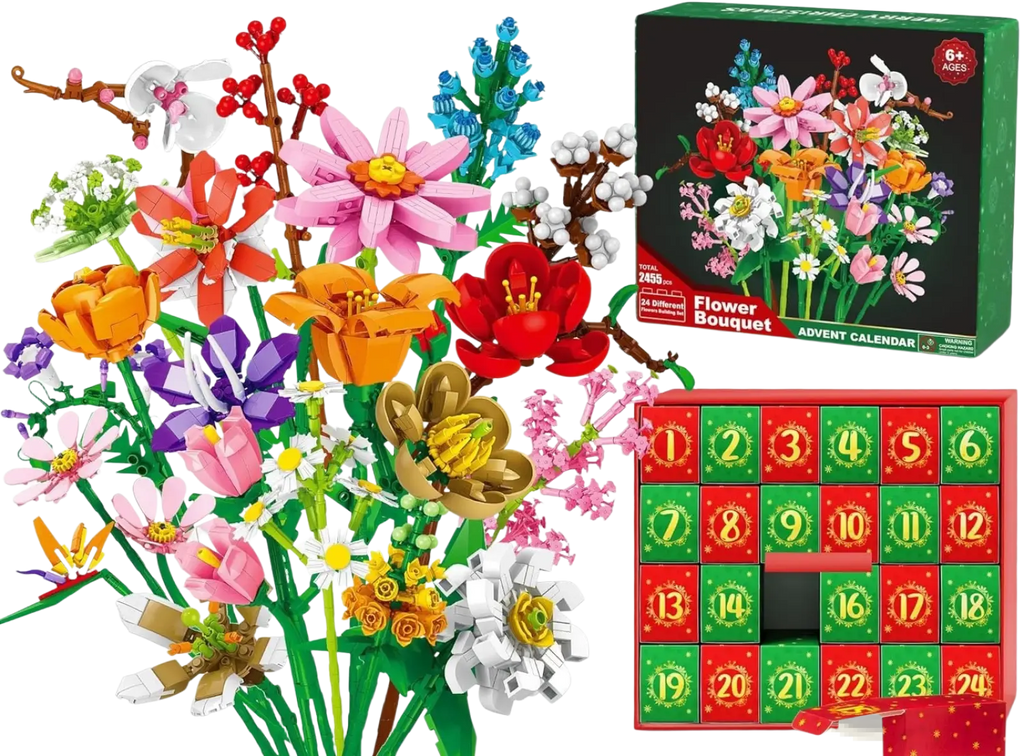 Vibrant multi-colored lego flower bouquet advent calendar with 24 numbered compartments for building blocks
