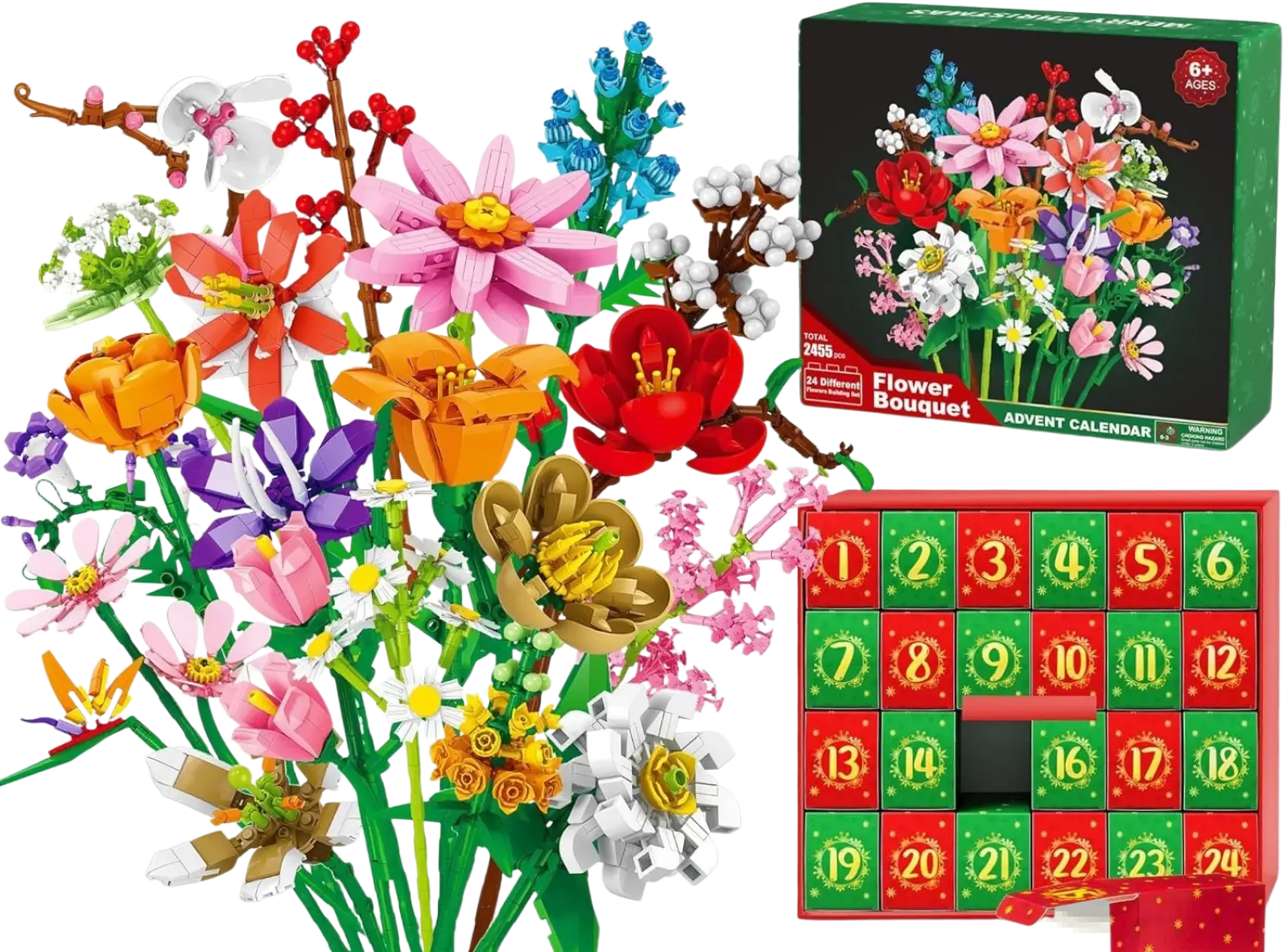 Vibrant multi-colored lego flower bouquet advent calendar with 24 numbered compartments for building blocks