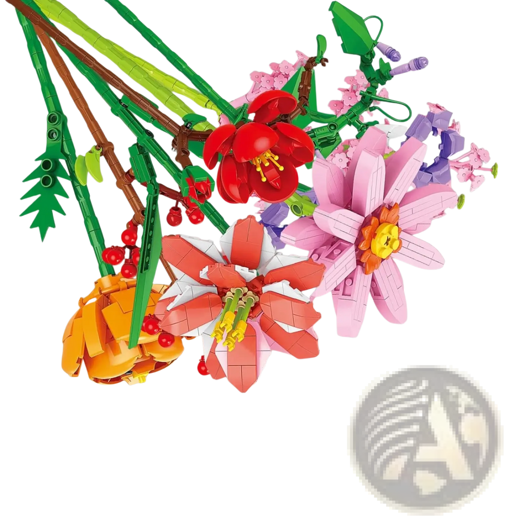 A vibrant flower bouquet advent calendar building blocks featuring colorful red pink orange and purple lego-style flowers with green stems and leaves