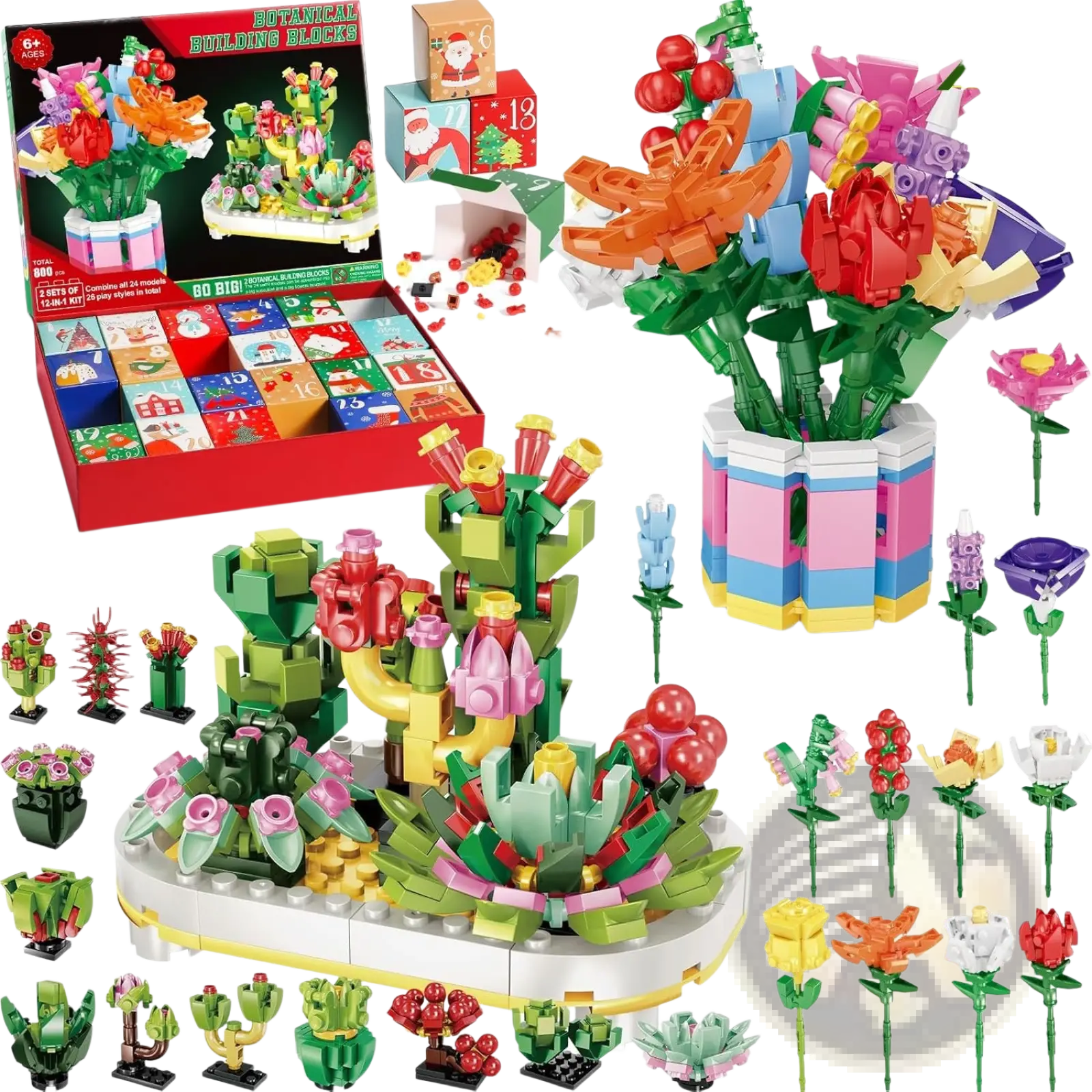 Colorful plastic flower and plant builds from the acme botanical building blocks flower bouquet advent calendar set