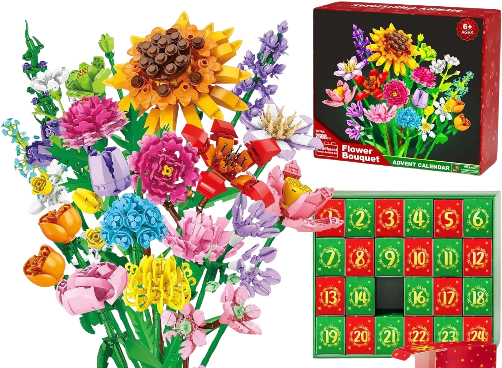 A vibrant multi-colored lego flower bouquet advent calendar with yellow pink purple blue and orange blossoms made of building blocks