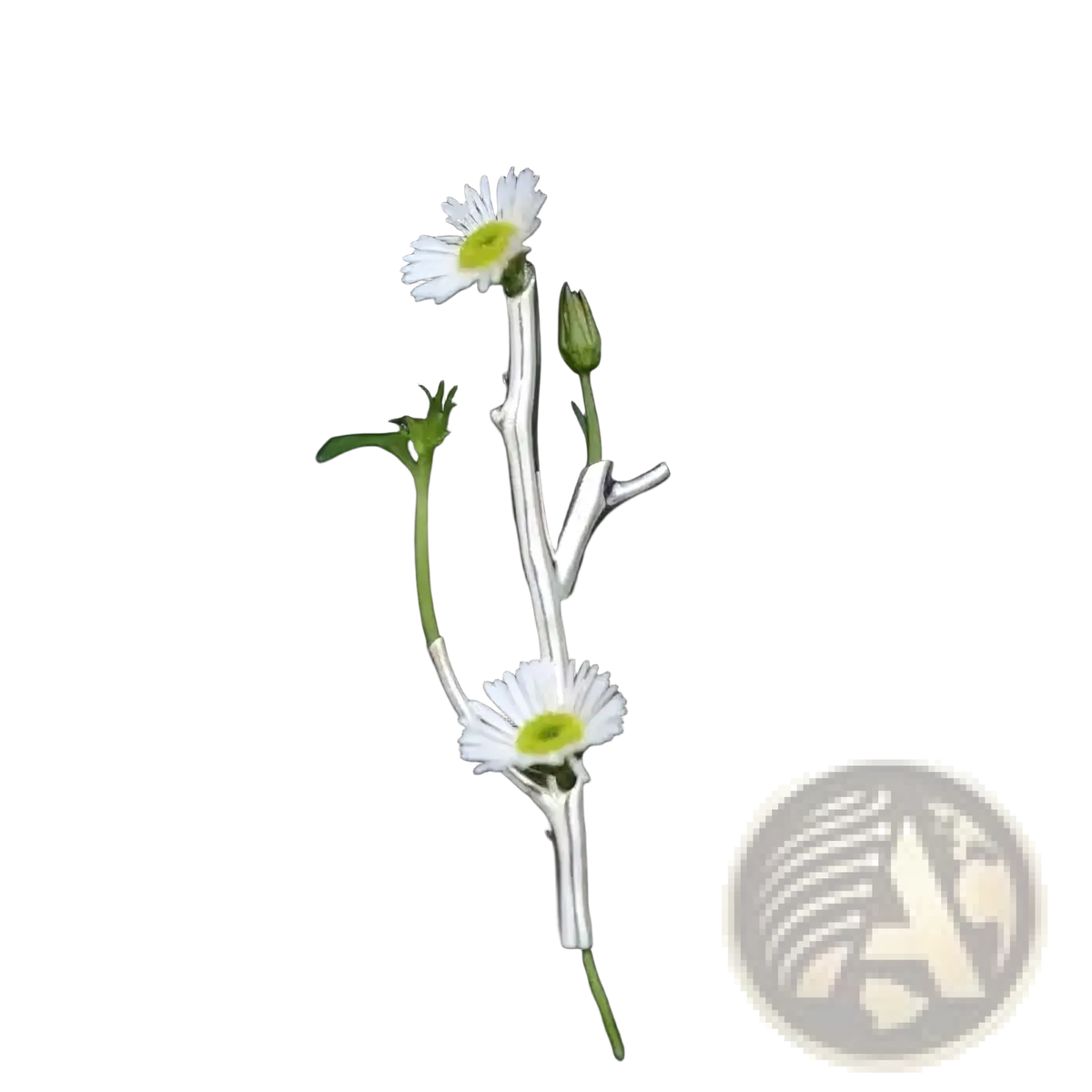 Silver daisy brooch pin with delicate white petals yellow centers and green buds creative corsage accessory