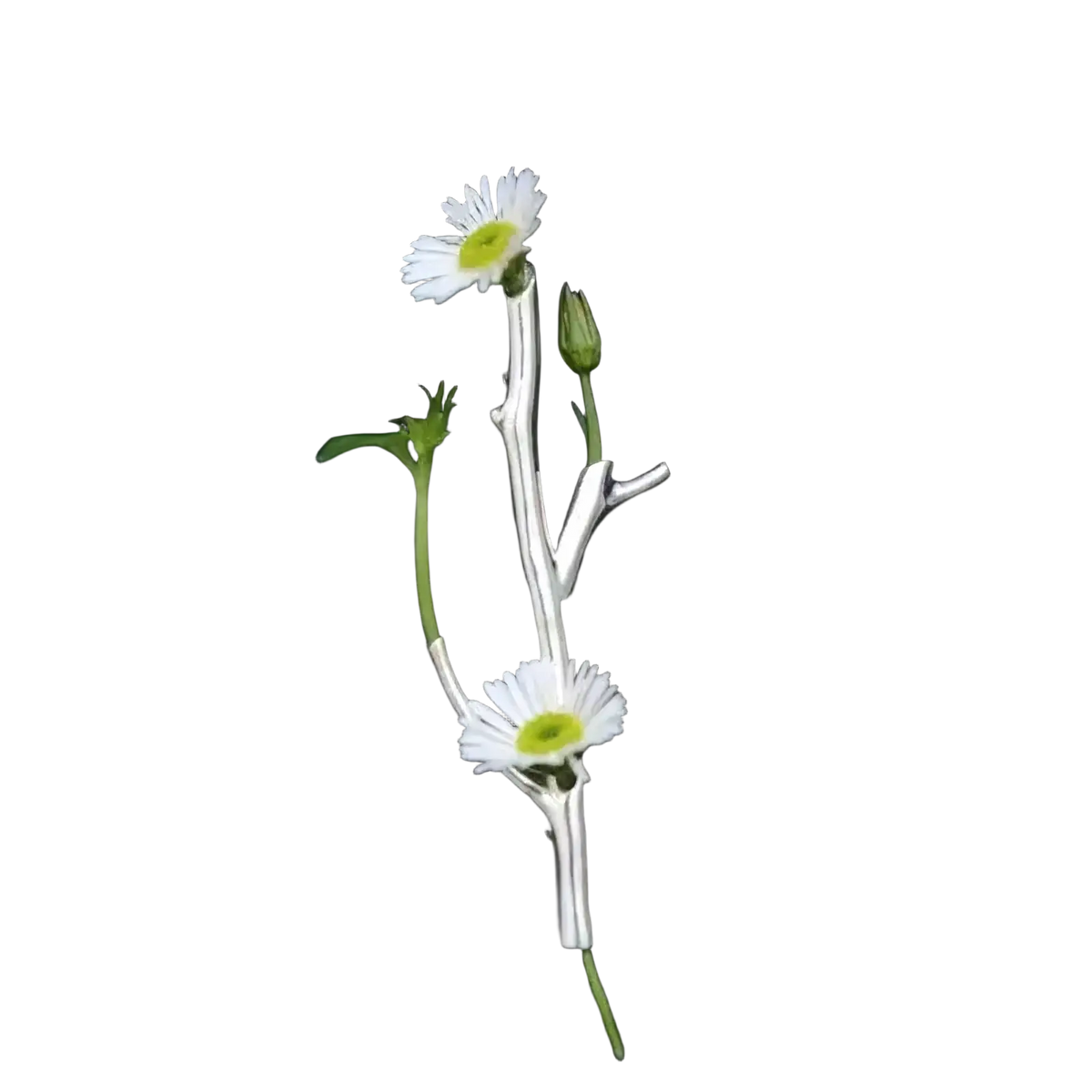 Silver daisy brooch pin with delicate white petals yellow centers and green buds creative corsage accessory