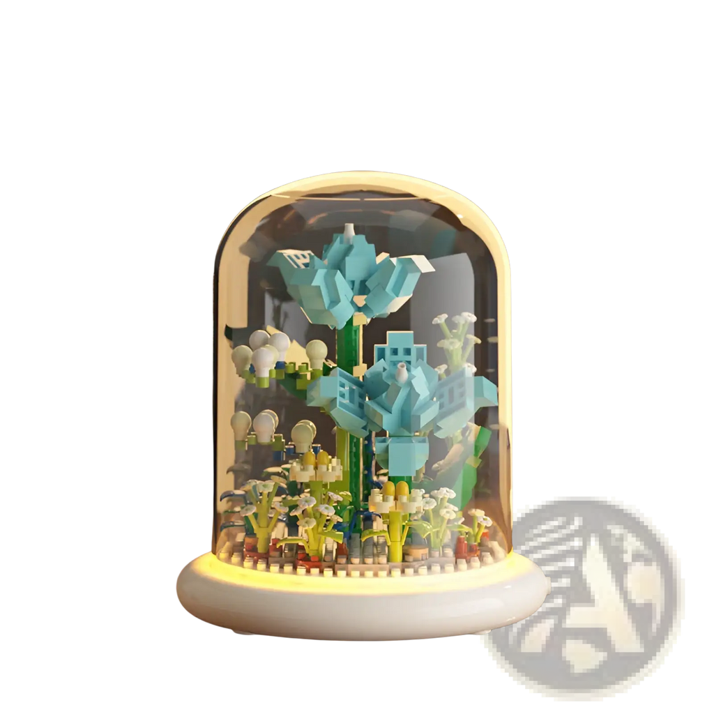 A glowing translucent glass dome encases a miniature lego-style turquoise and green flower building block decor toy