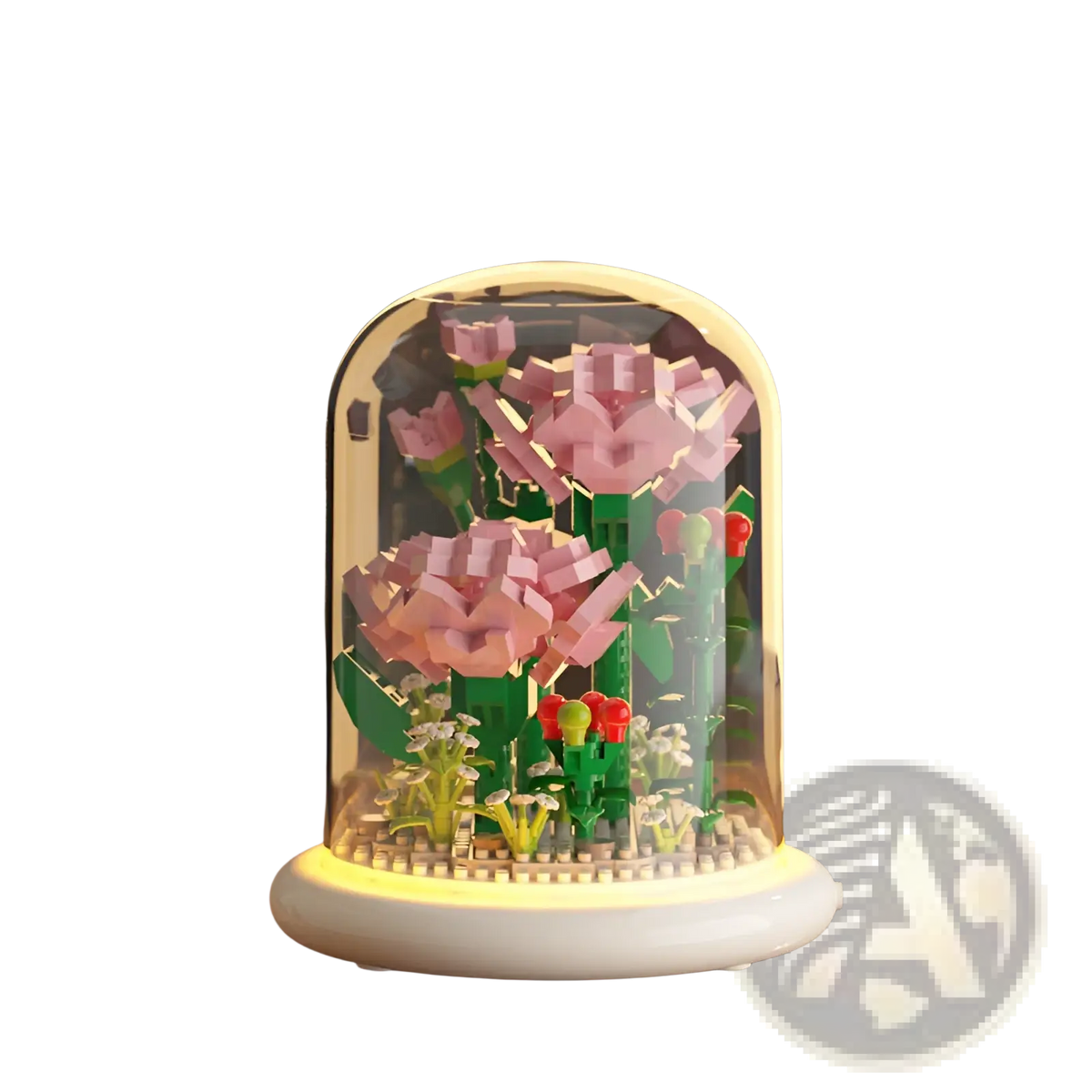 Flower building block led glass dome decor toy featuring a pink and green lego style floral display under clear glass