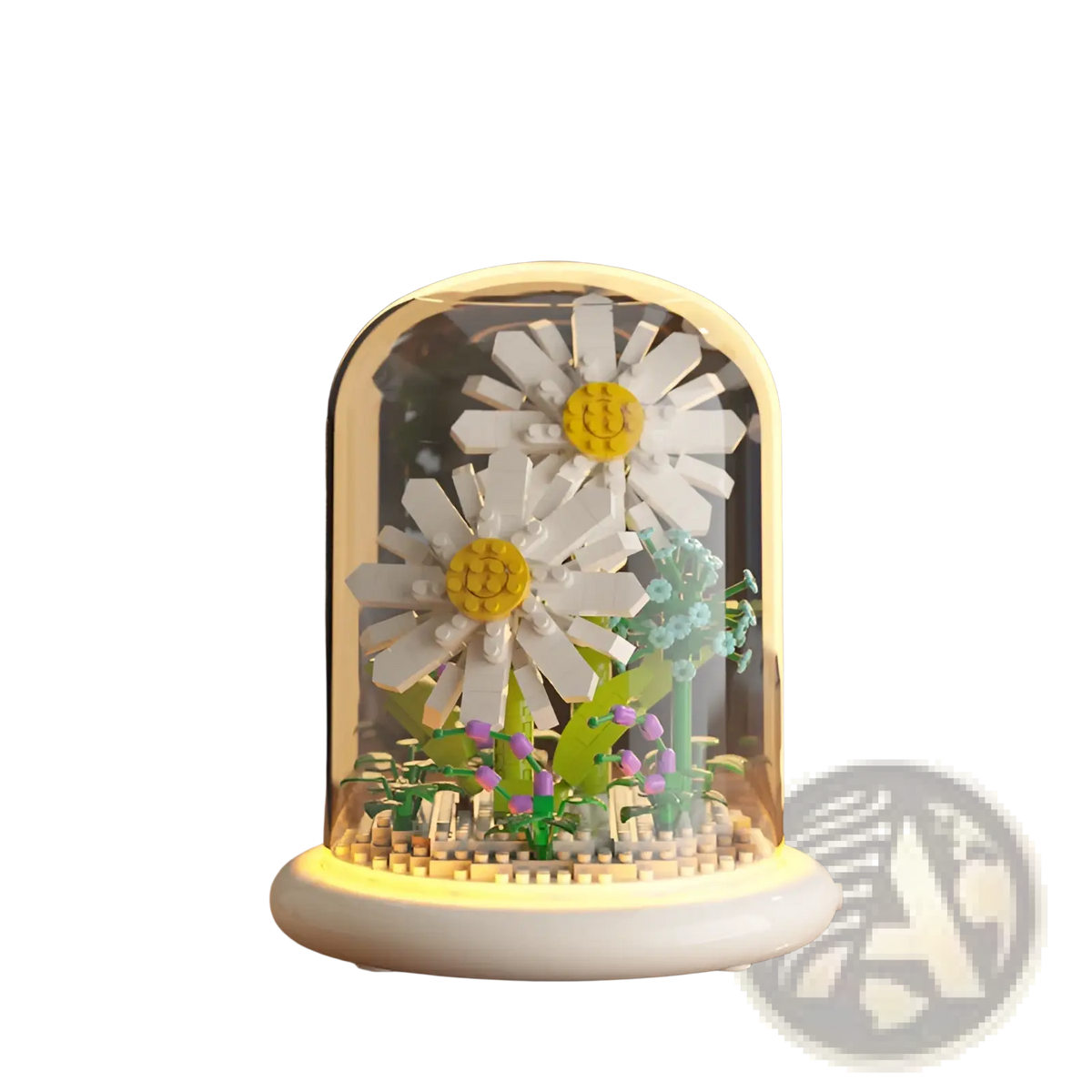 Flower building block LED glass dome decor toy featuring white and yellow LEGO daisies under LED lighting