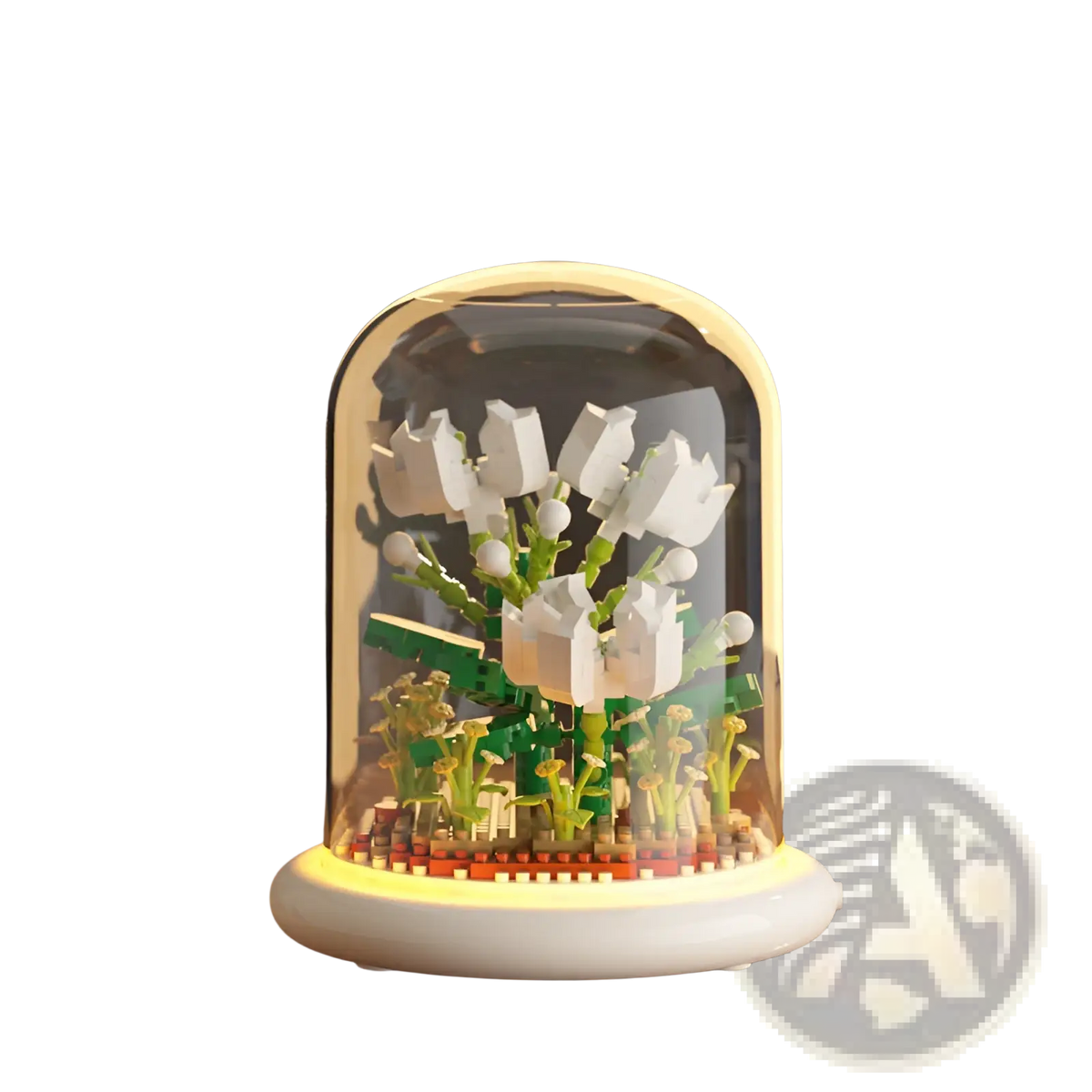 A white and green lego flowering plant model under a clear glass dome with led illuminated base decor toy