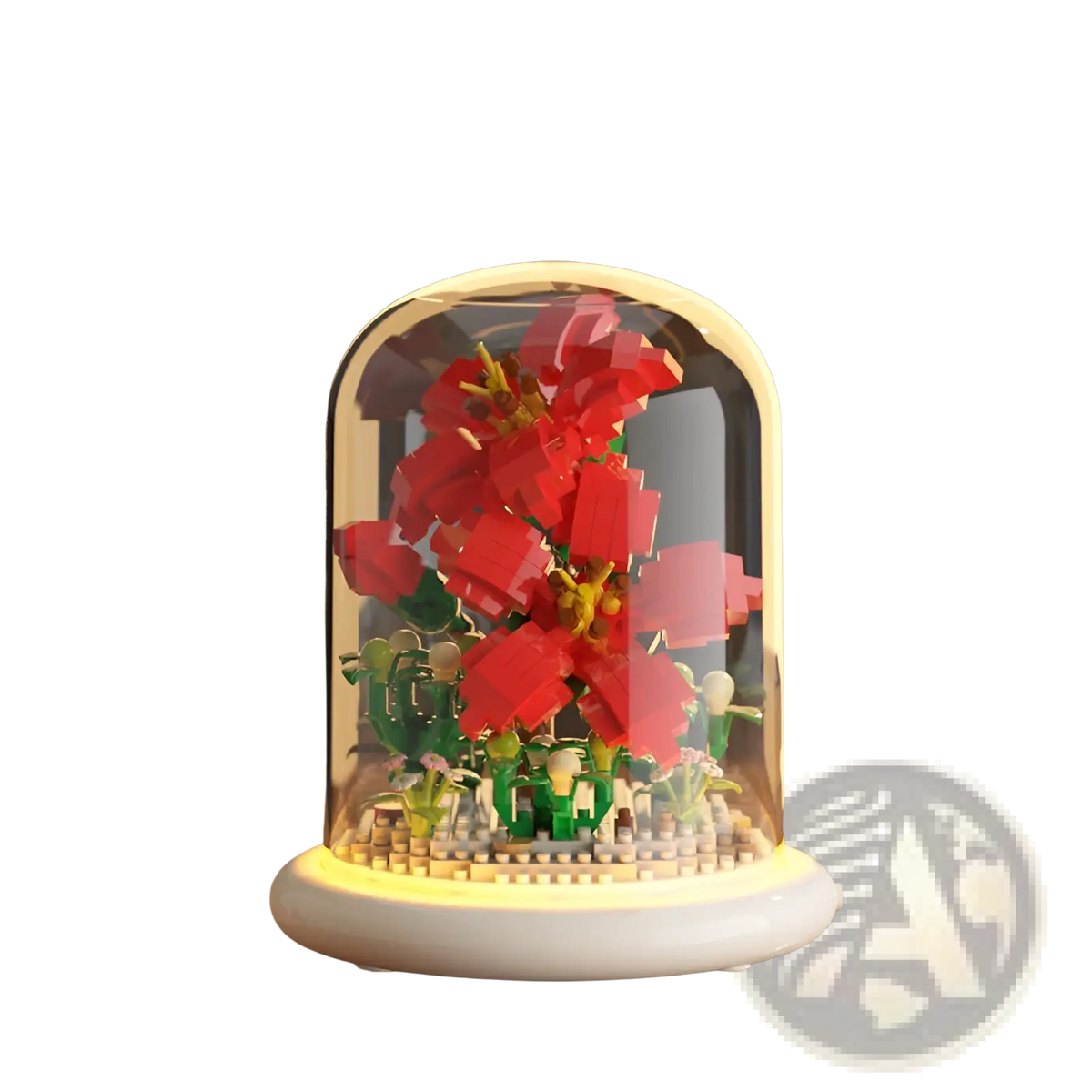 A vibrant red lego flower arrangement under a clear glass dome with white base and internal led lighting decor toy