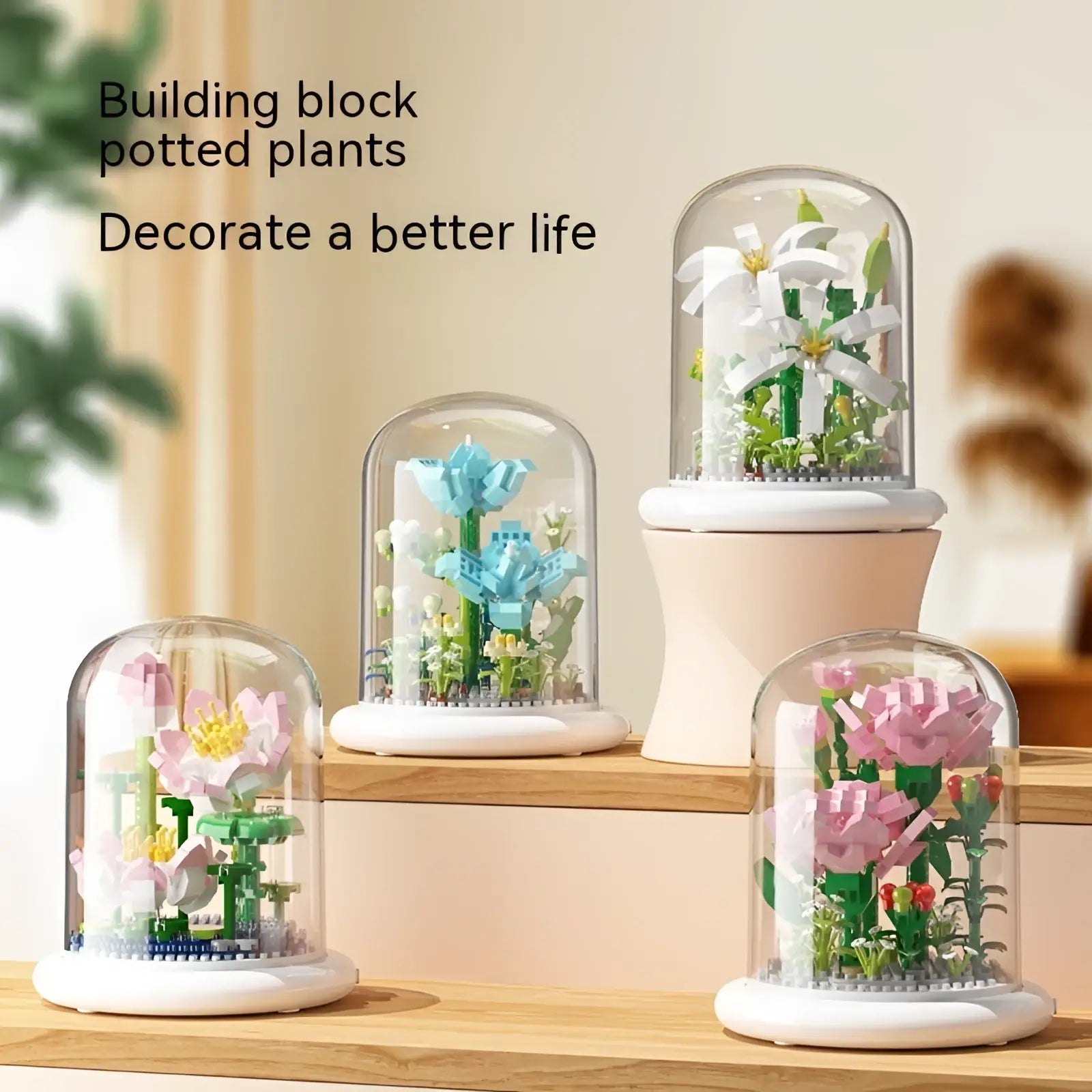 Flower building block led glass dome decor toy featuring colorful building block floral arrangement inside clear glass cover