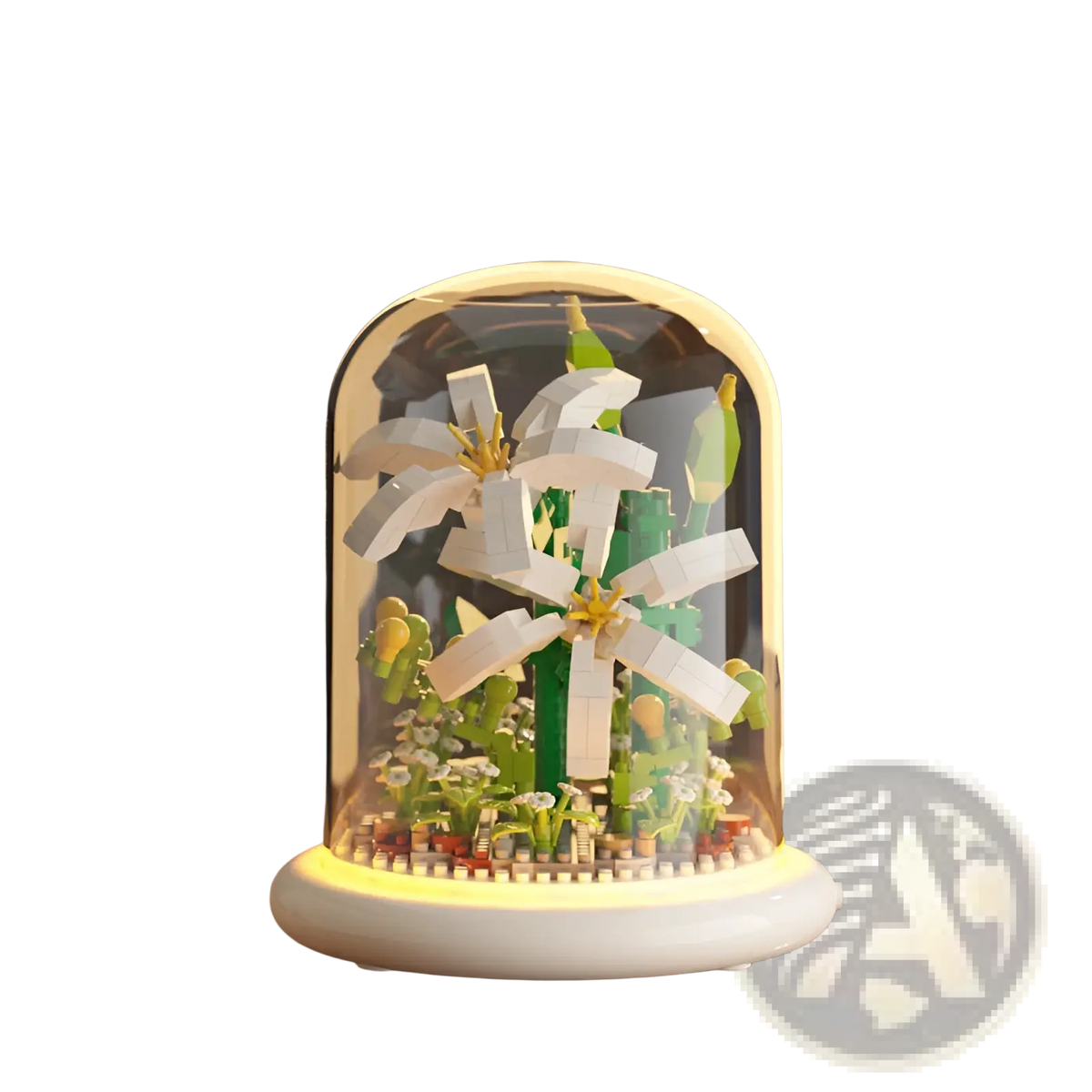 A white and green flower building block lilies under a glass dome with led lighting decor toy