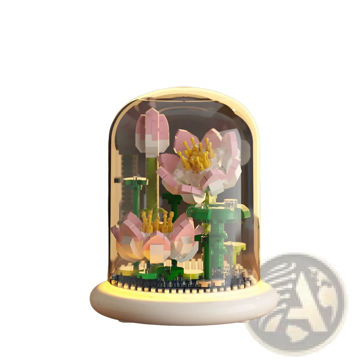 Delicate pink and white lotus flower lego arrangement enclosed in a clear glass dome with warm led base decor toy