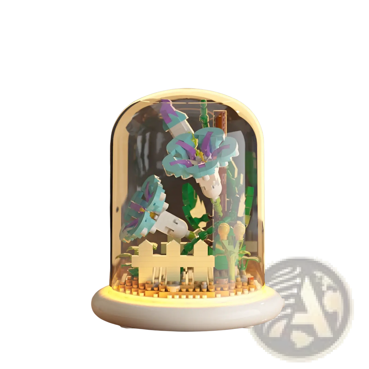 Flower building block led glass dome decor toy with blue and purple lego flowers and green stems on a white base