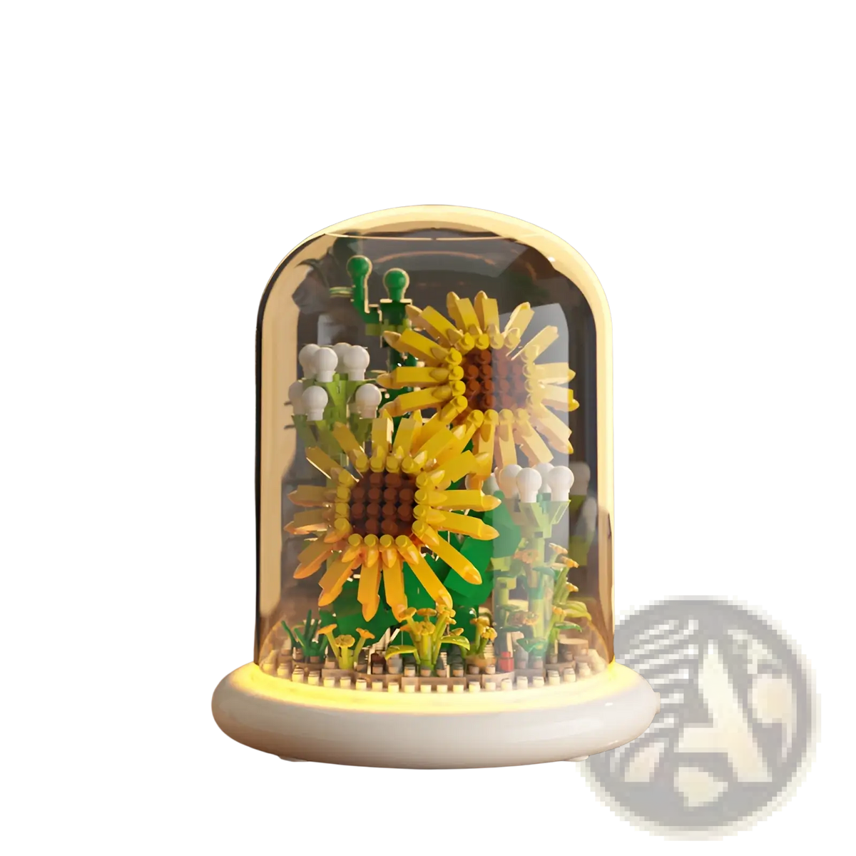 A charming yellow sunflower and green plant lego diorama enclosed in a clear glass dome with a white base decor toy