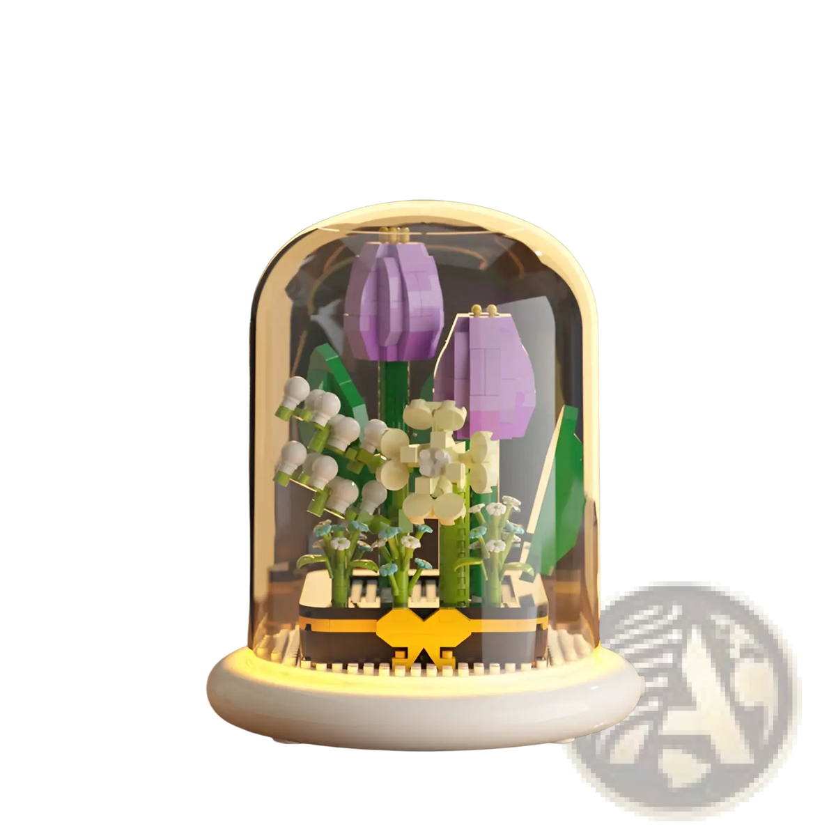 Flower building block LED glass dome decor toy featuring purple and white tulips with green stems inside clear glass