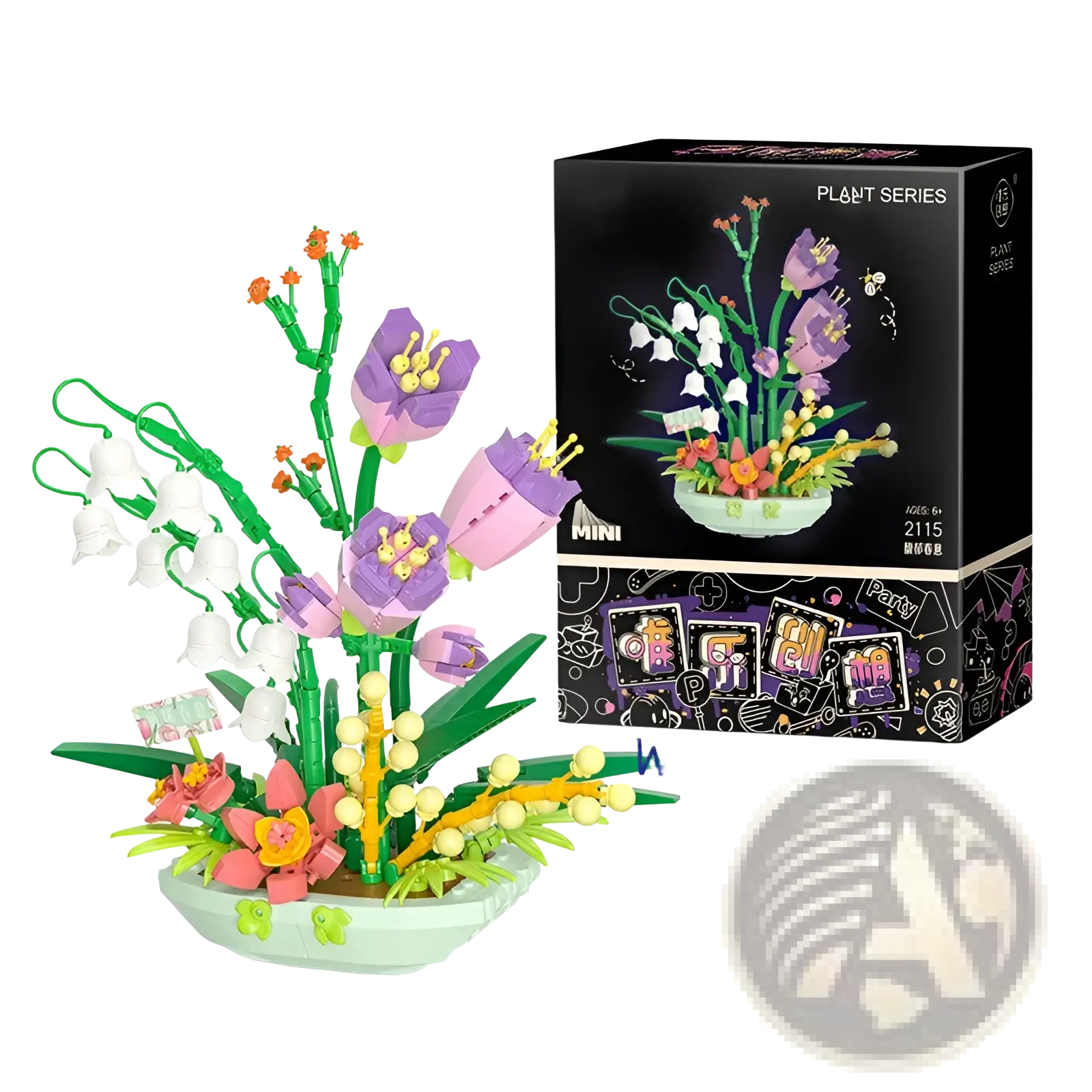 A colorful lego flower building block set featuring purple and pink blossoms with green stems in a mint-green pot