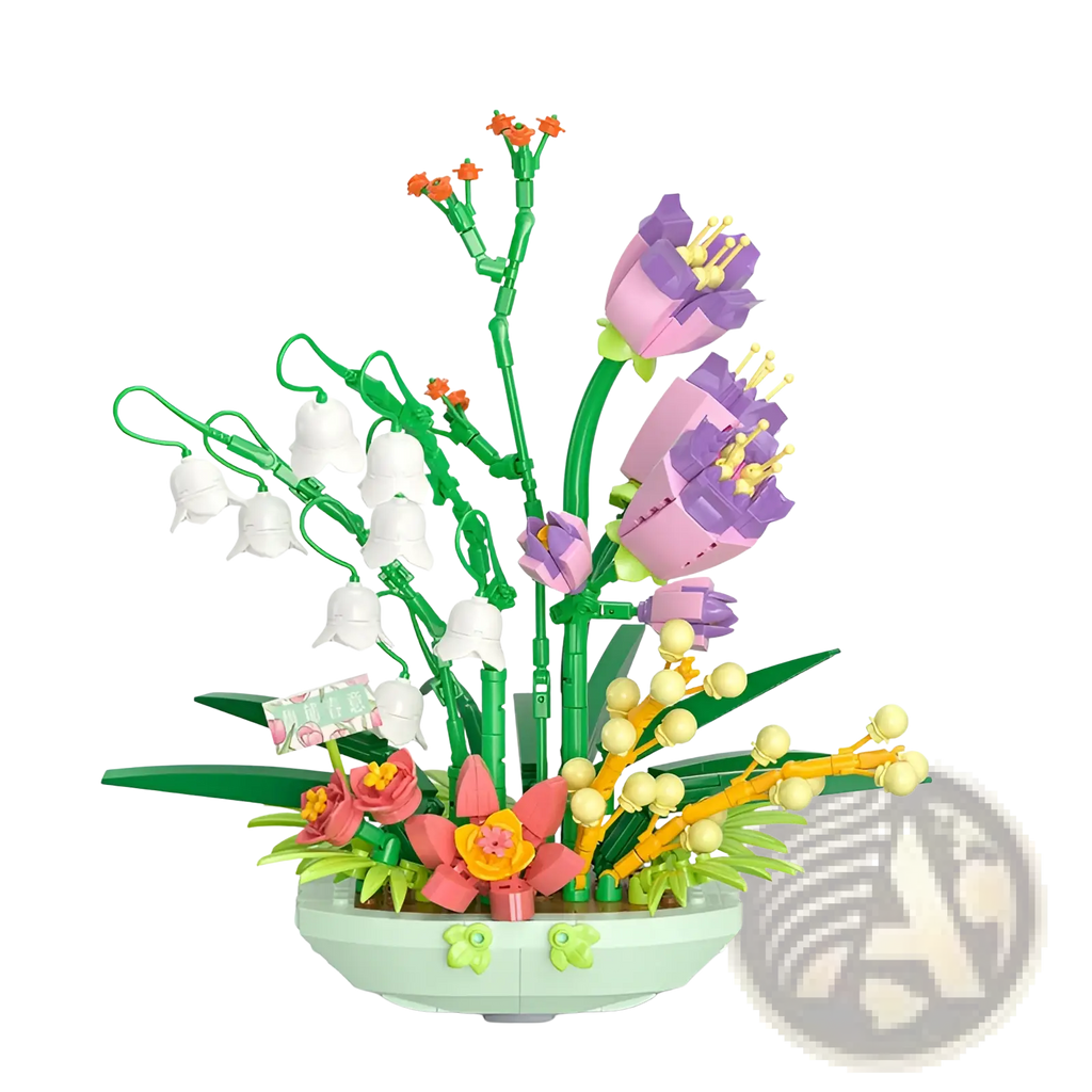 A colorful flower building block set featuring purple, white, pink, and orange plastic blossoms in a mint-green pot