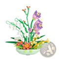 A colorful flower building block set featuring purple, white, pink, and orange plastic blossoms in a mint-green pot