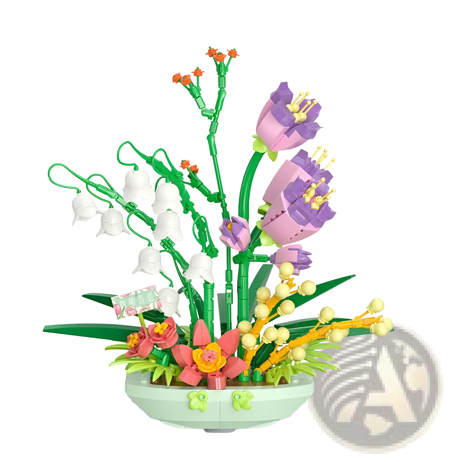 A colorful flower building block set featuring purple, white, pink, and orange plastic blossoms in a mint-green pot