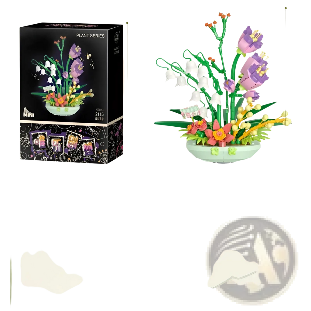 A colorful purple and white floral bouquet toy made from interlocking plastic bricks in a mint-green bowl