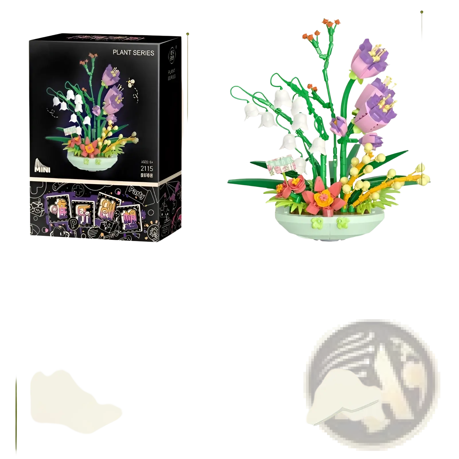 A colorful purple and white floral bouquet toy made from interlocking plastic bricks in a mint-green bowl