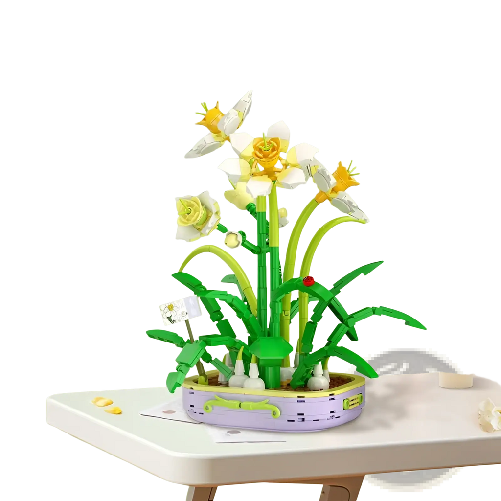 A vibrant lego flower building block set featuring green stems, white and yellow blossoms in a purple pot
