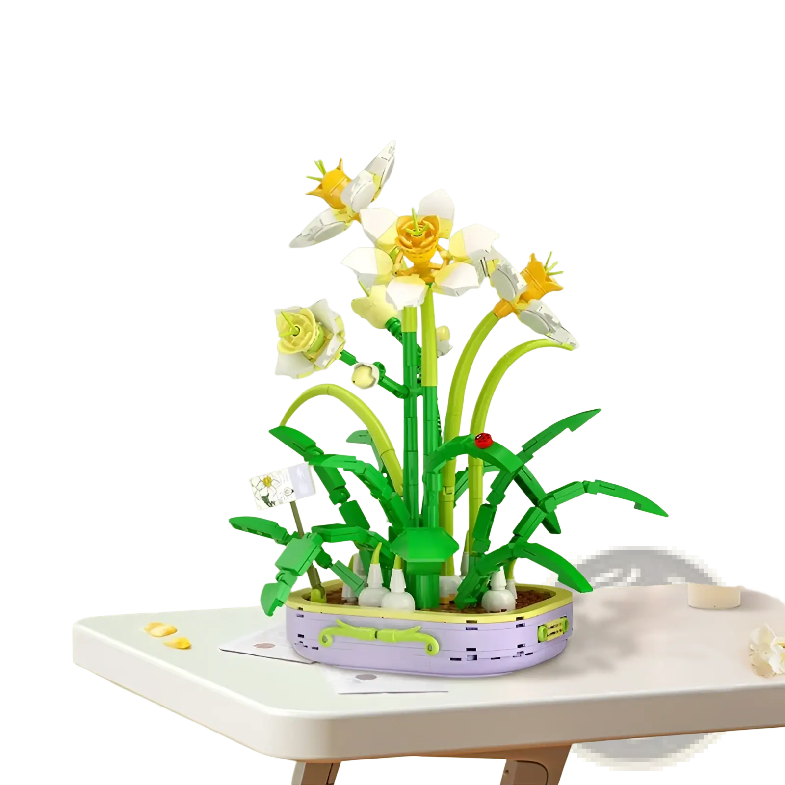 A vibrant lego flower building block set featuring green stems, white and yellow blossoms in a purple pot