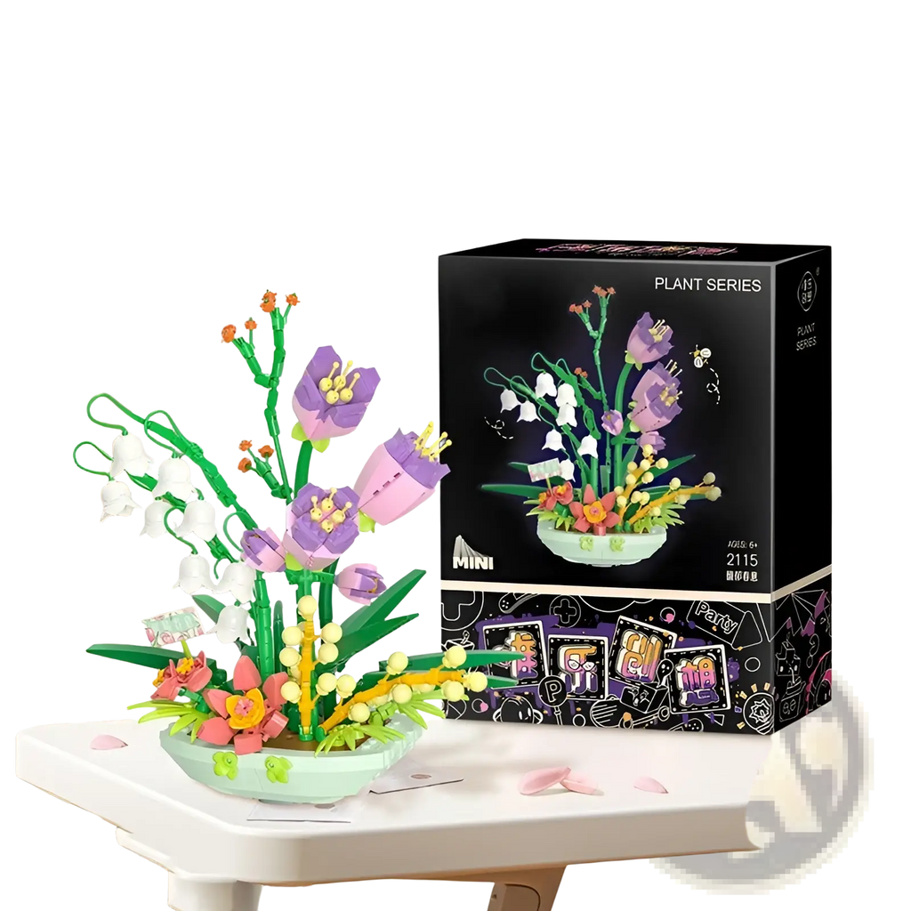 Flower building block set purple floral bouquet toy featuring colorful lego purple and pink blossoms in a mint bowl