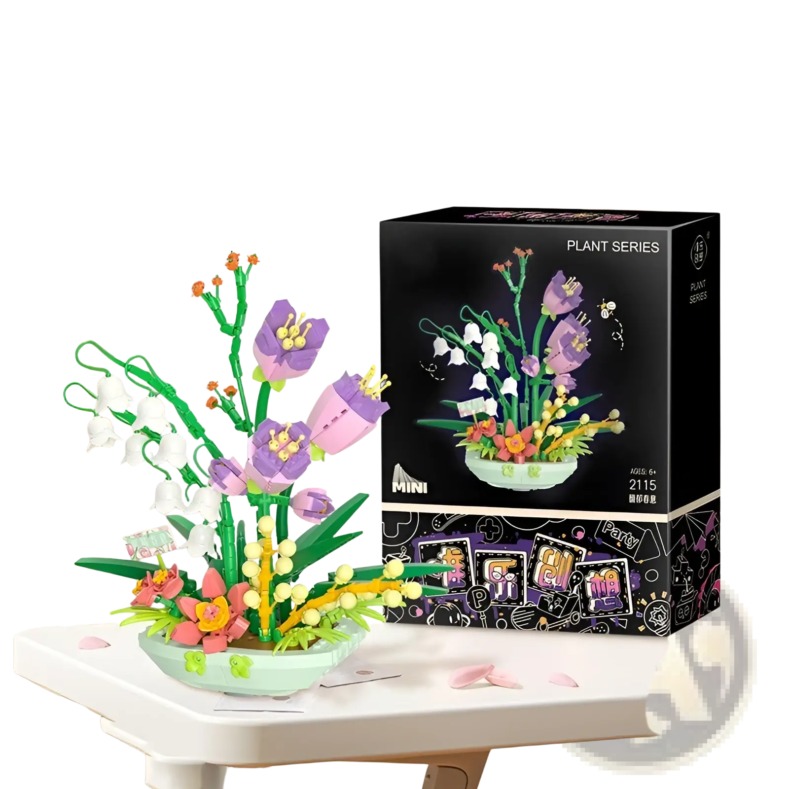 Flower building block set purple floral bouquet toy featuring colorful lego purple and pink blossoms in a mint bowl