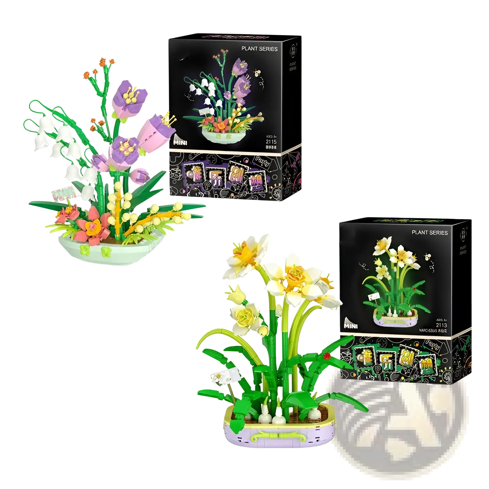 Flower building block set purple floral bouquet toy featuring vibrant purple and white flowers in a light green pot