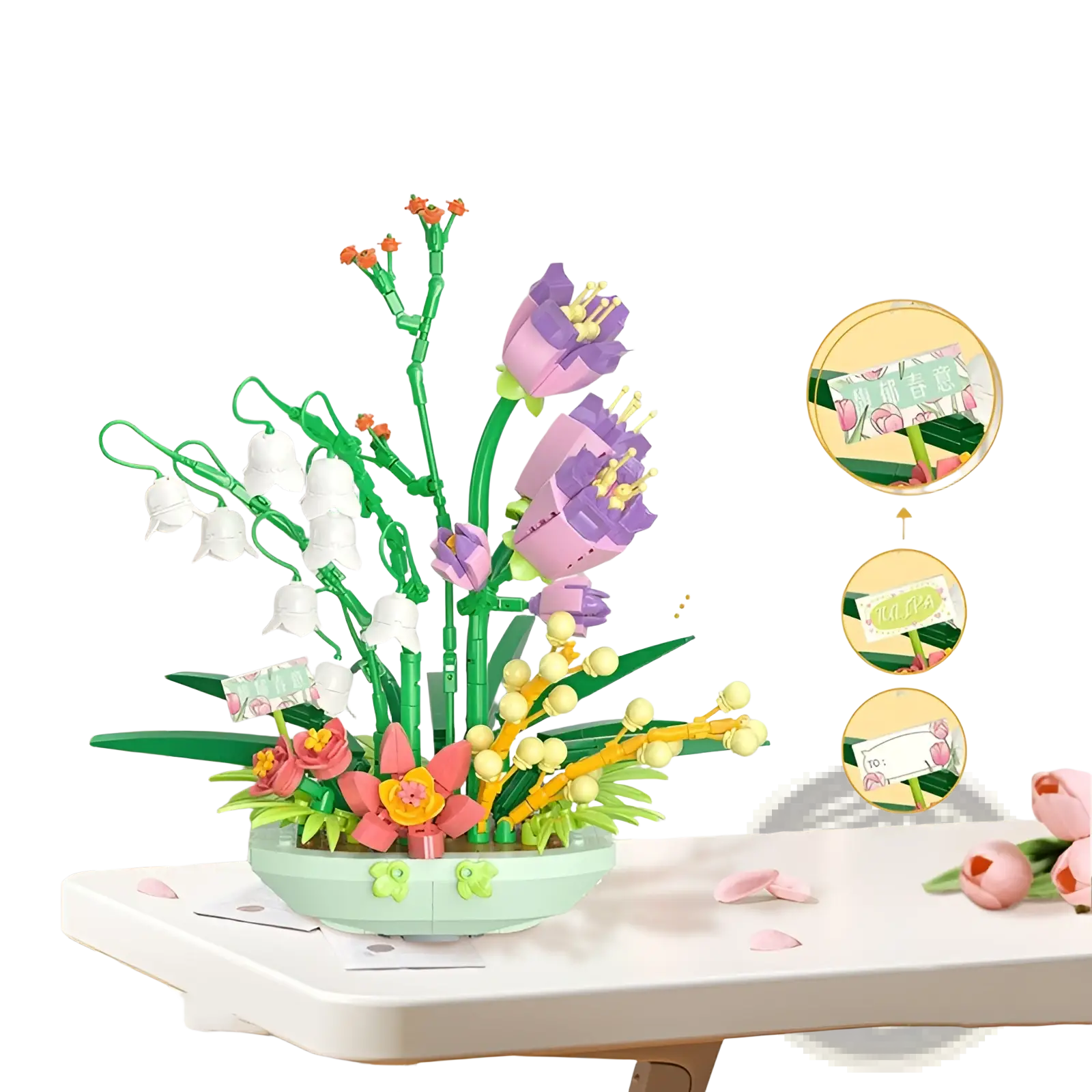 A delicate pastel-colored lego flower building block set featuring purple tulips white bellflowers and pink blossoms in a light green bowl