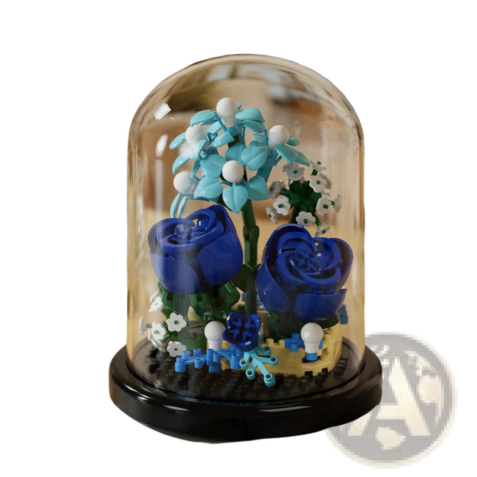 A blue lego flower arrangement displayed under a clear glass dome in a flower building blocks display case