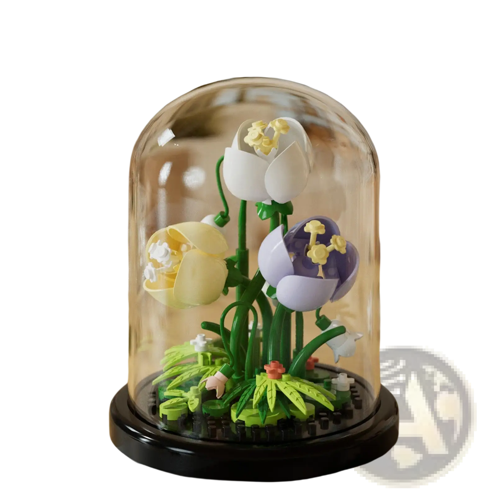 A delicate flower building blocks set with white yellow and purple flowers in a glass dome display case with black base