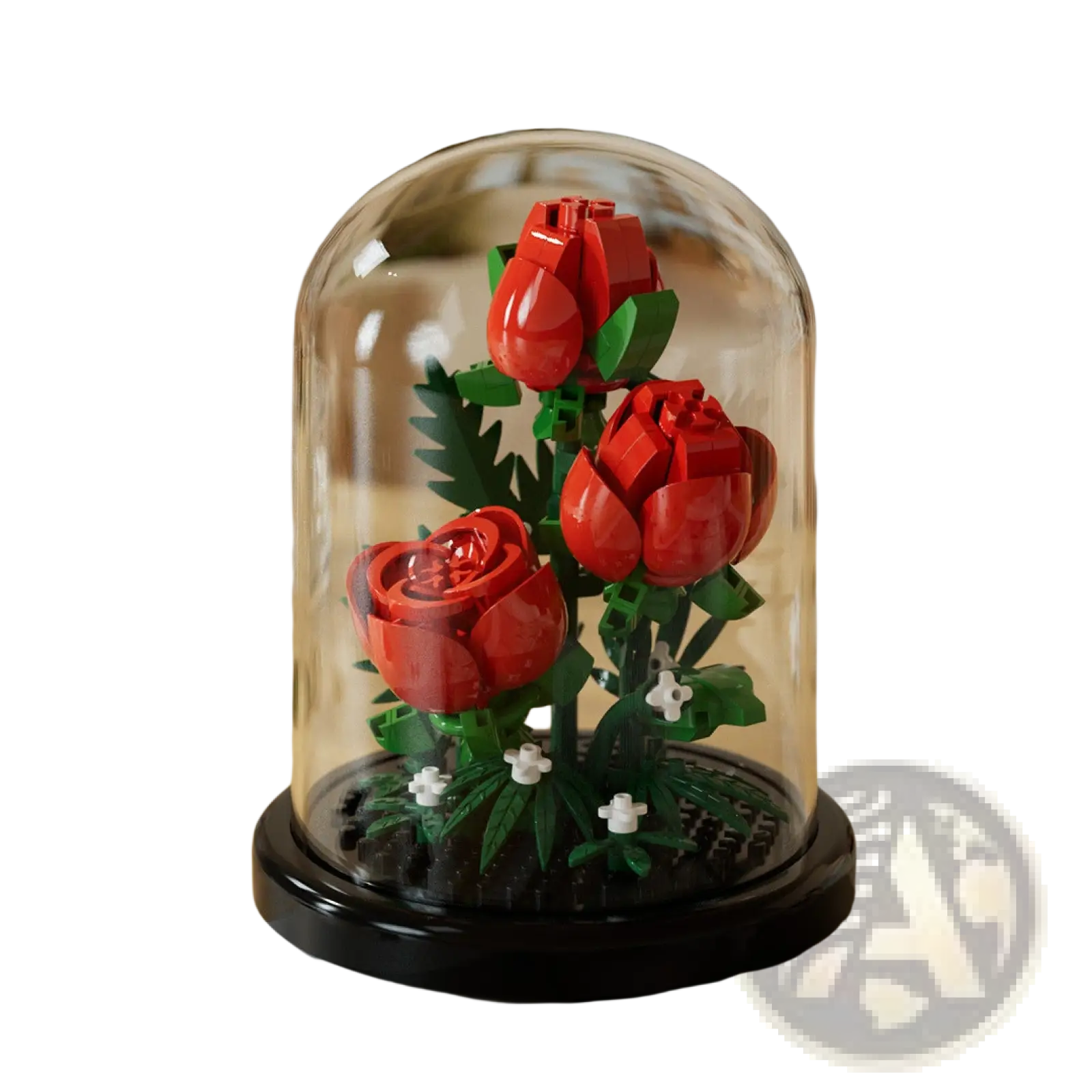 Flower building blocks with red roses green leaves and white blossoms under a clear glass dome on a black base