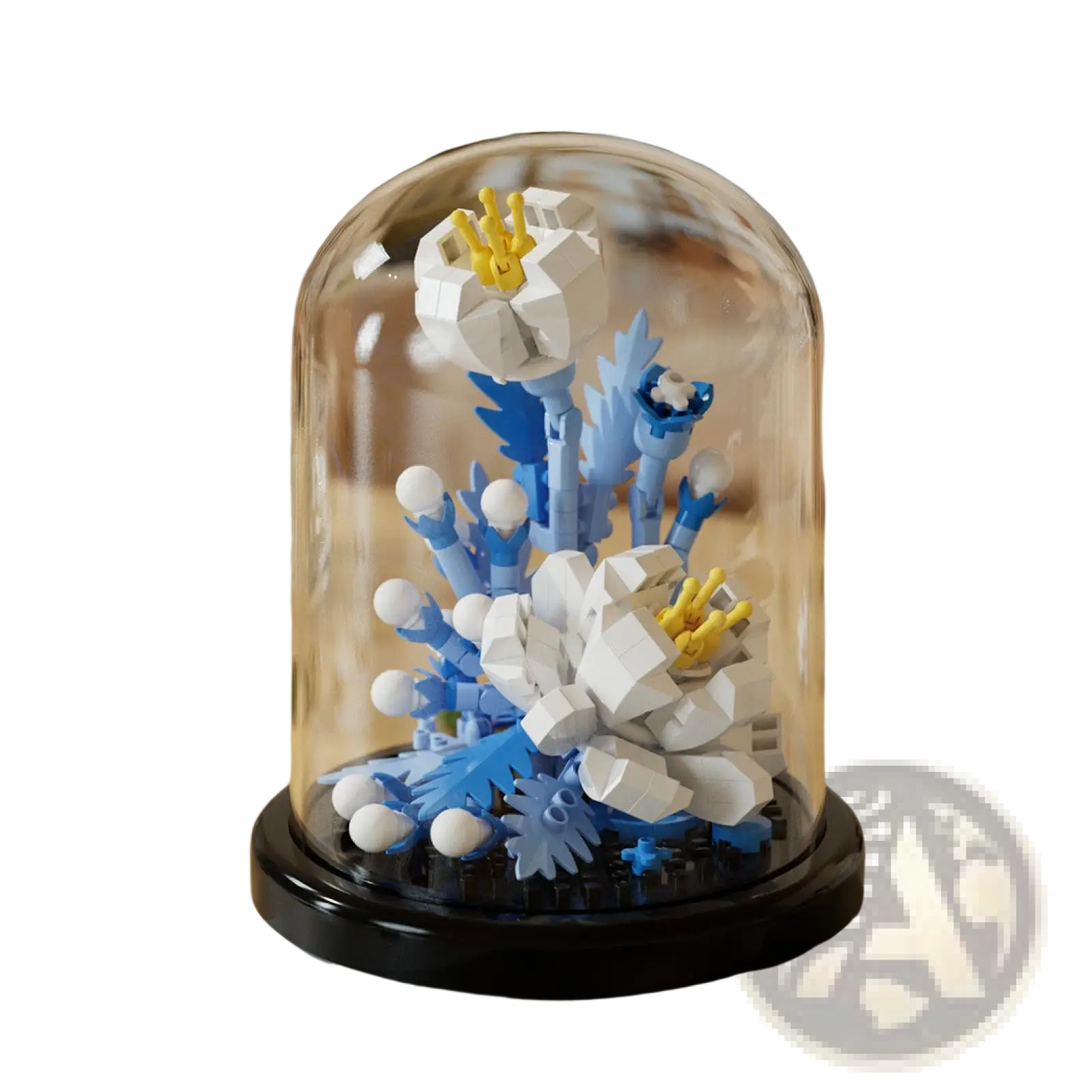 A delicate white and blue lego flower arrangement with yellow centers displayed in a glass dome display case