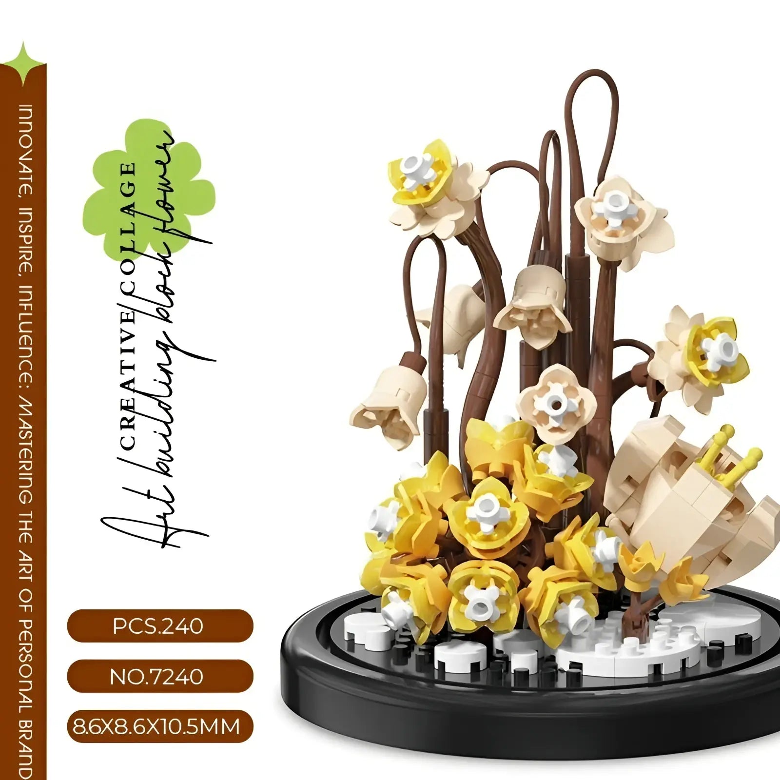 Flower building blocks featuring vibrant yellow and beige daffodil blossoms made from lego bricks in a glass dome display case