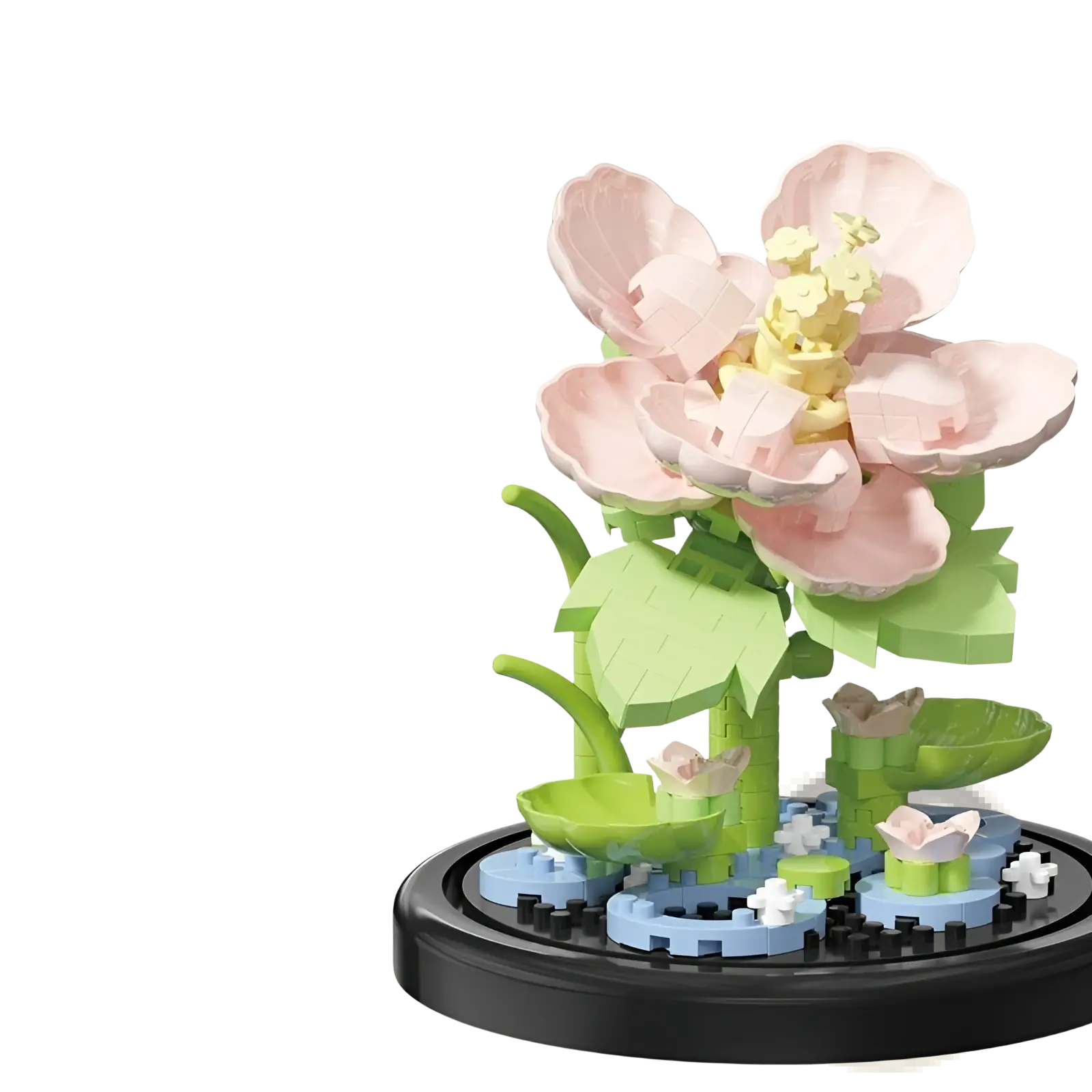 Flower building blocks featuring a delicate pink and yellow flower made of plastic with green leaves in a glass dome case