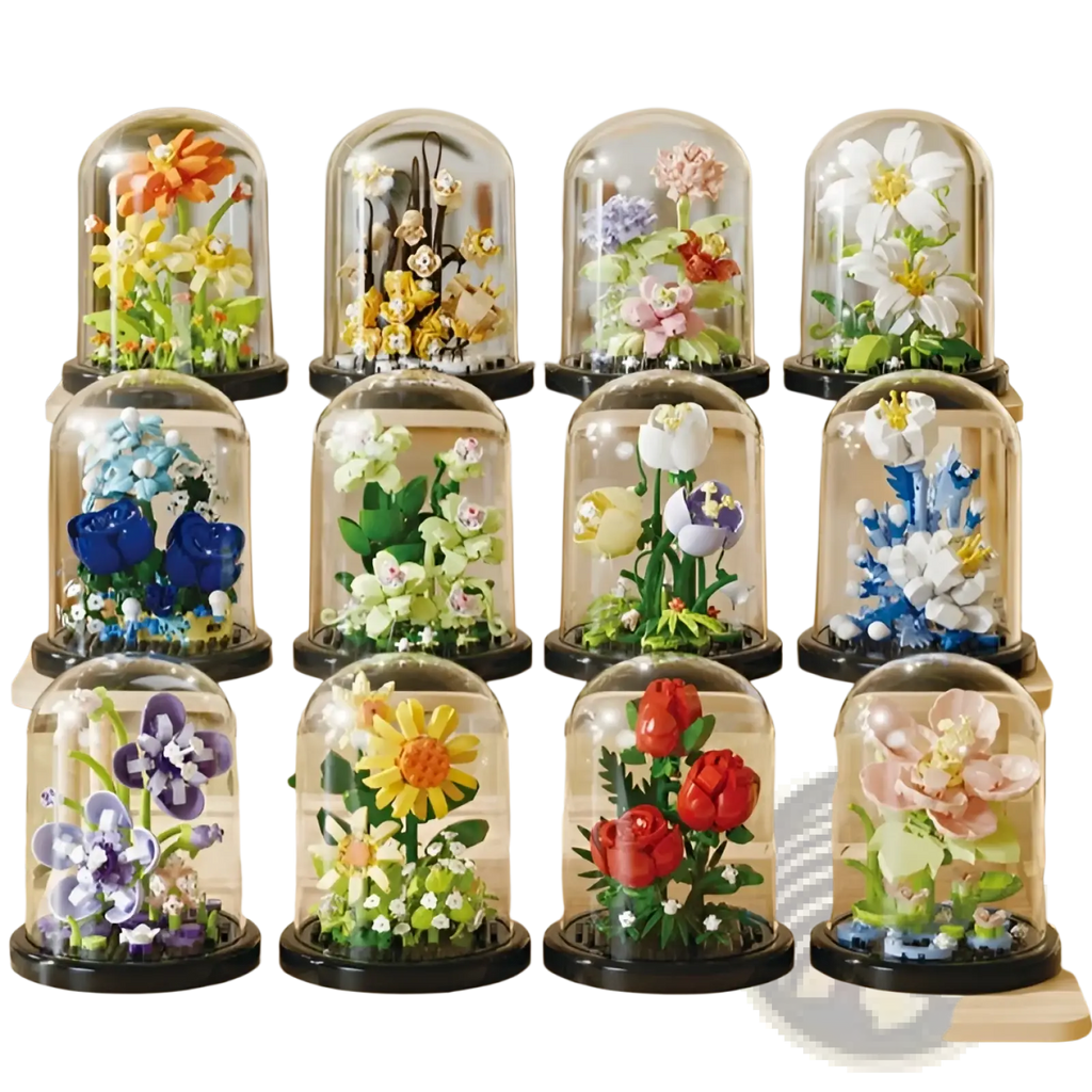 A collection of colorful lego flower building blocks arranged in clear glass dome display cases with intricate details