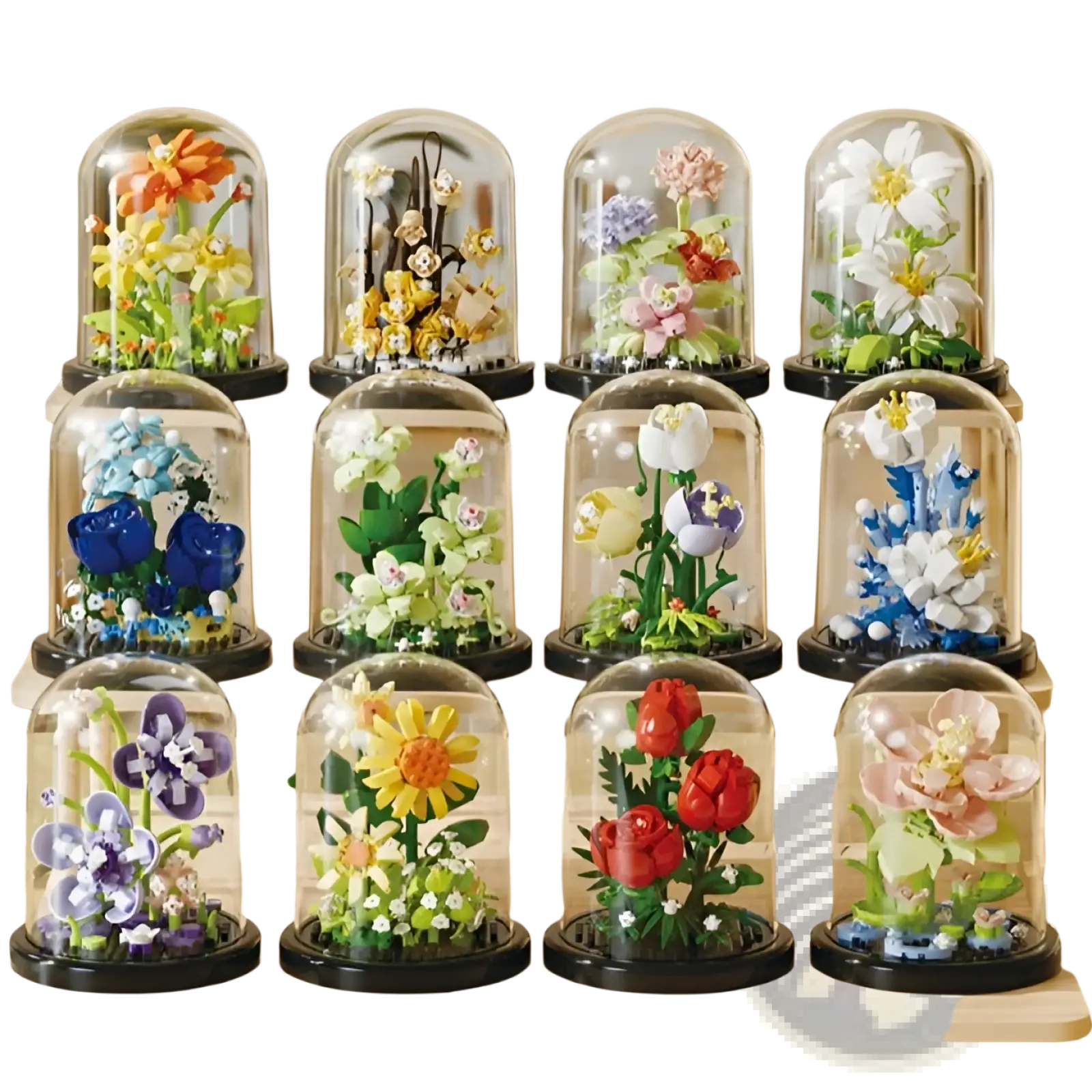 A collection of colorful lego flower building blocks arranged in clear glass dome display cases with intricate details