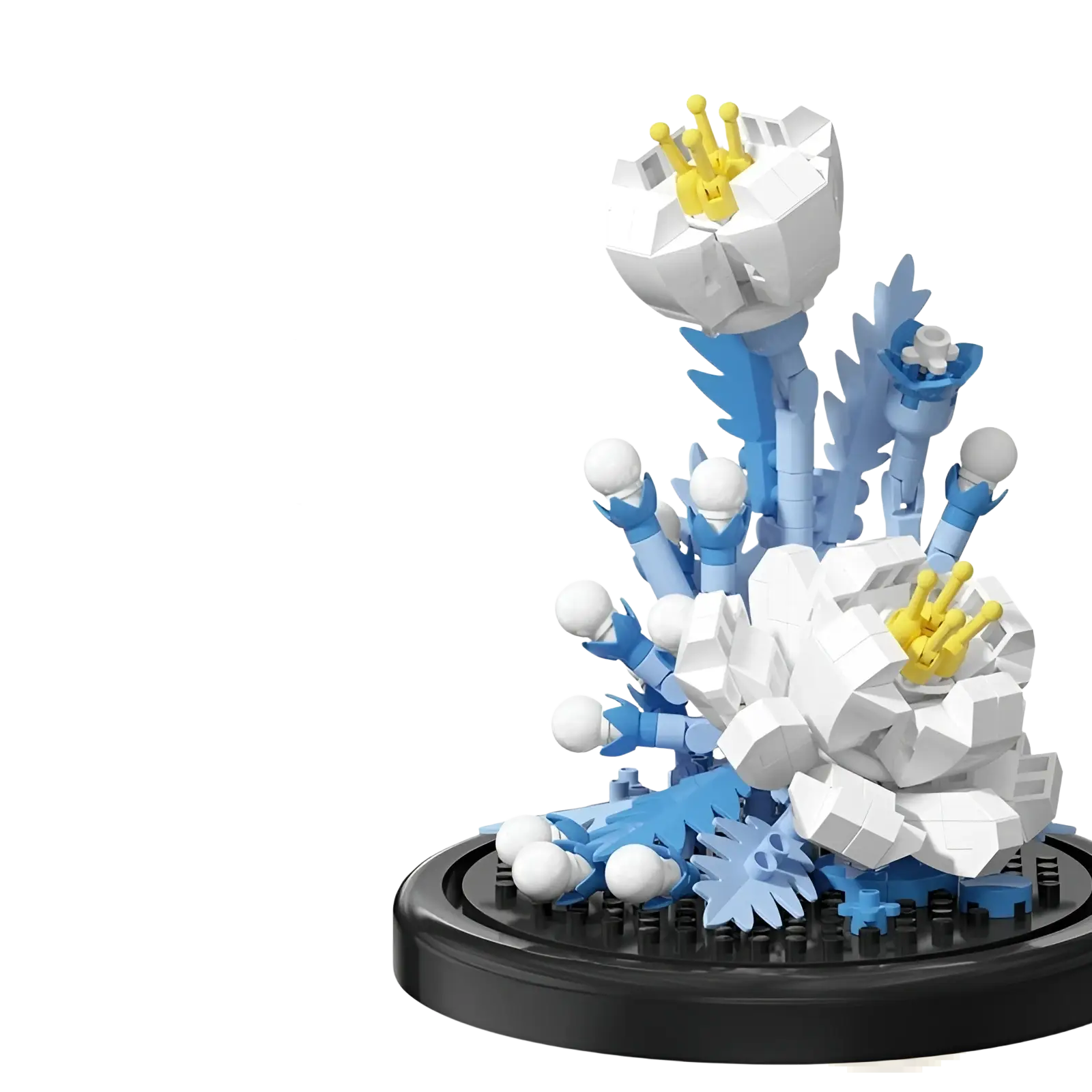 A white and blue plastic flower building blocks sculpture with yellow centers on a black base in a glass dome display case