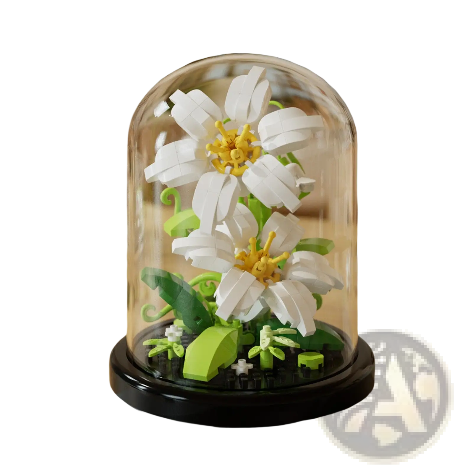 Flower building blocks white and yellow lego flower arrangement displayed under a clear glass dome case