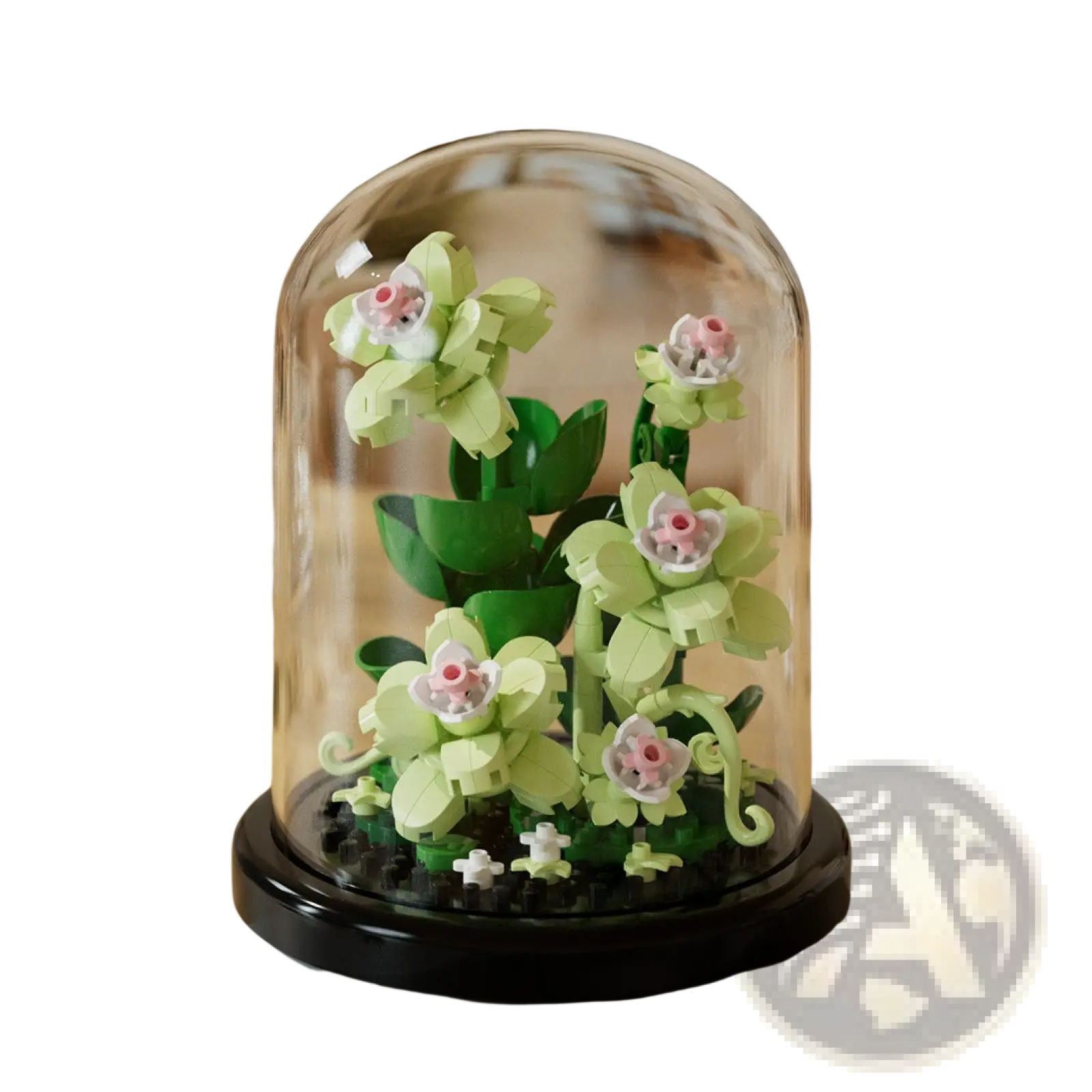 Flower building blocks displaying a delicate green and pink lego orchid plant under a clear glass dome display case