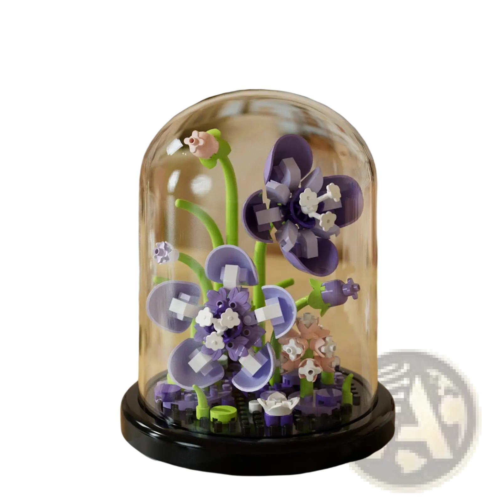 A delicate purple and white lego flower arrangement displayed under a clear glass dome in a building blocks display case